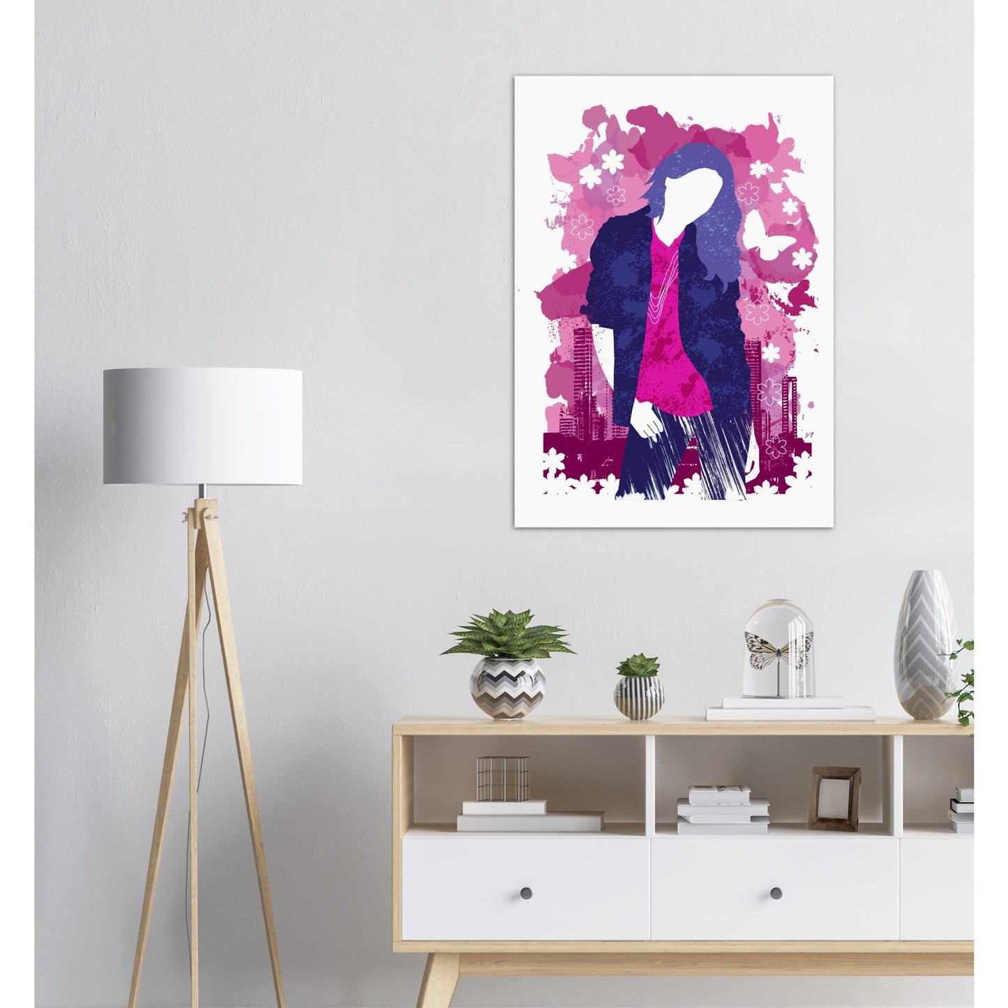 Premium Matte Paper Poster - Girl in Blue Jeans and Pink Shirt with City Skylines - Graphic Wash