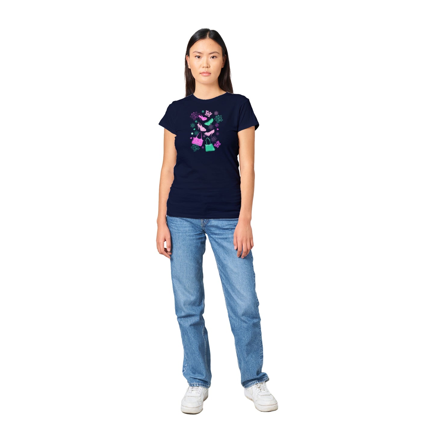 Classic Womens Crewneck T-shirt - Graphic Art of Shoes, Bags, Butterflies and Floral-Pink and Mint Colours