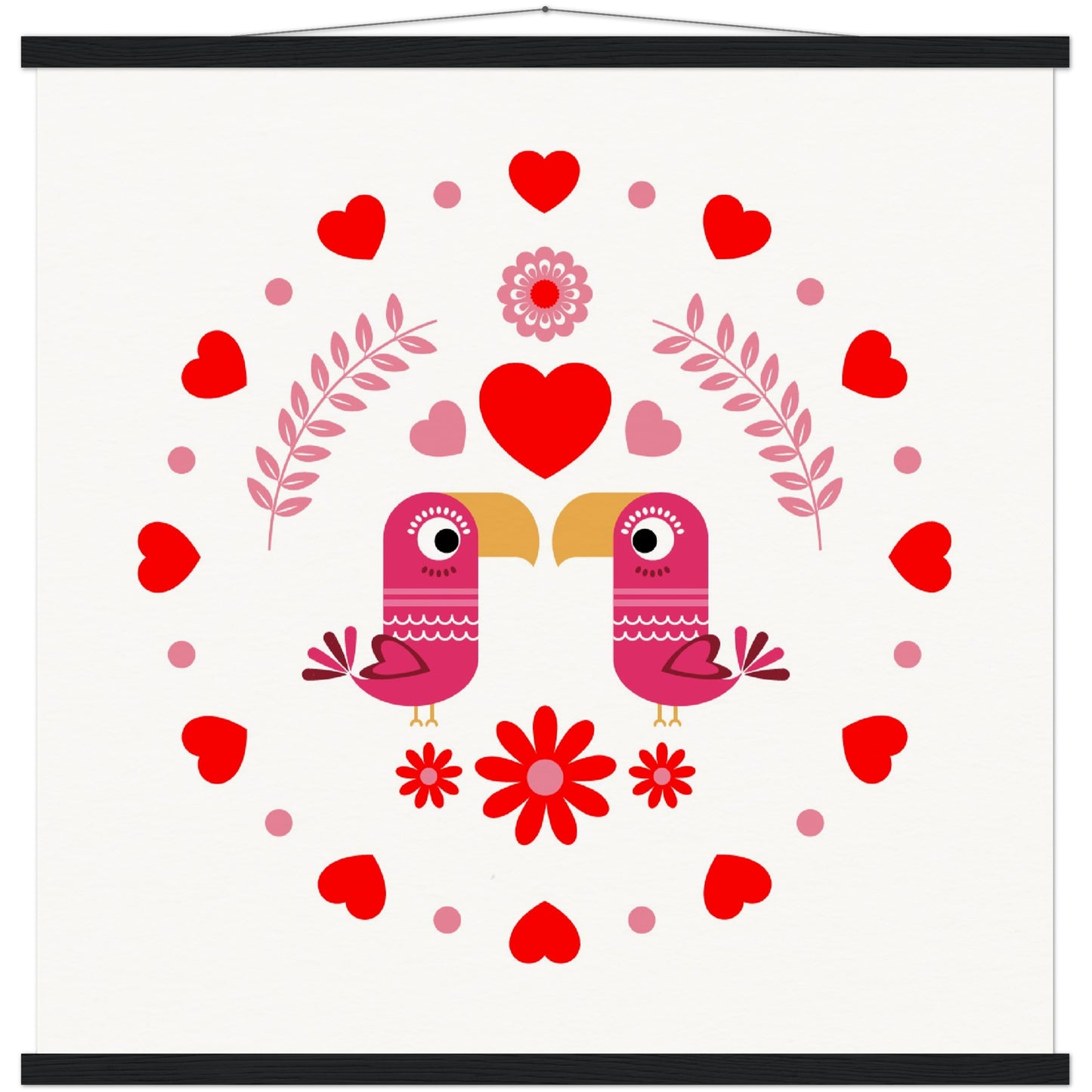 Museum-Quality Matte Paper Poster & Hanger - Birds Mirrored with Floral-Botanical and Circling Hearts - Valentine