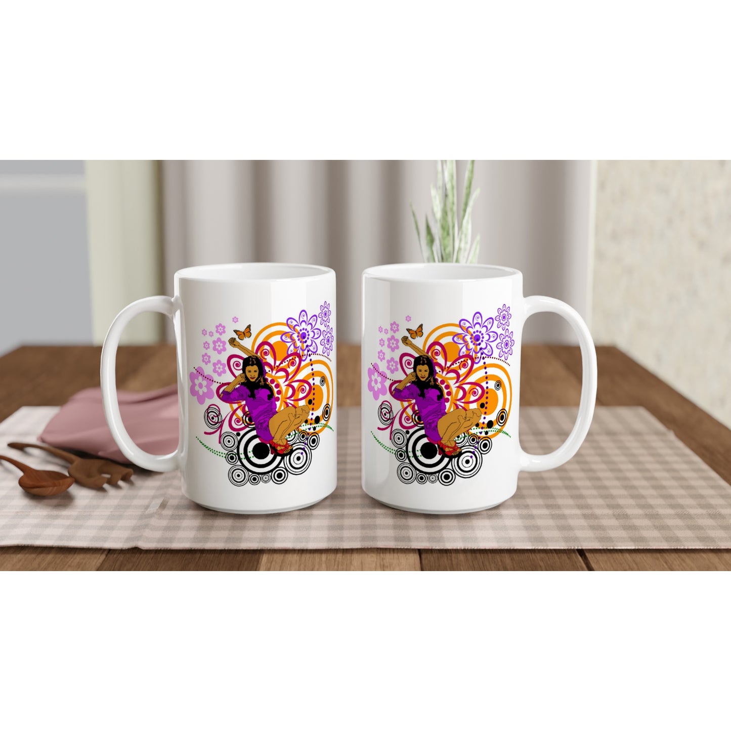 White 15oz Ceramic Mug - Girl in Purple - Top & Shorts - Graphic Floral