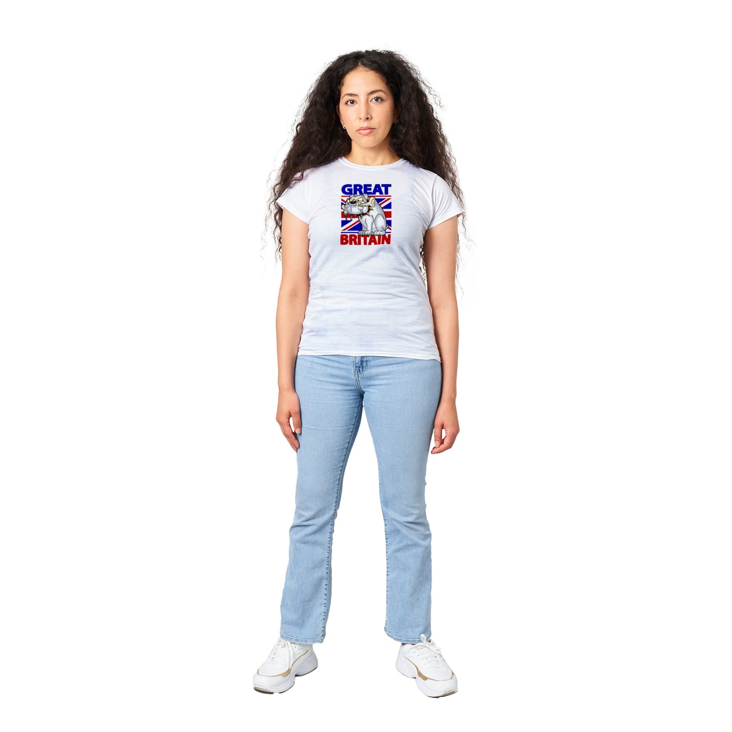 Classic Women's Crewneck T-shirt - Cartoon Bulldog with bone and Union Jack Flag