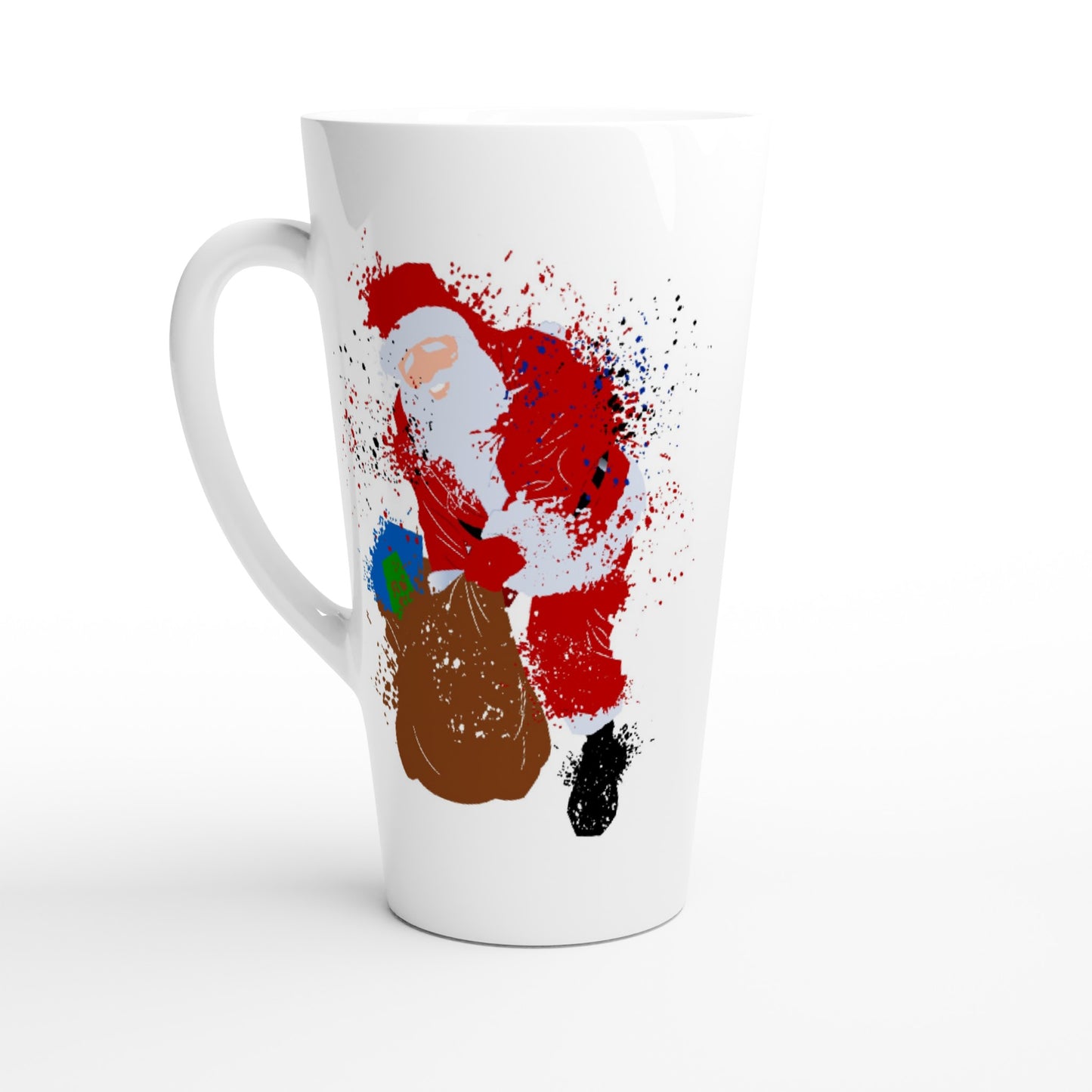 White Latte 17oz Ceramic Mug Santa with Presents-Splattered paint