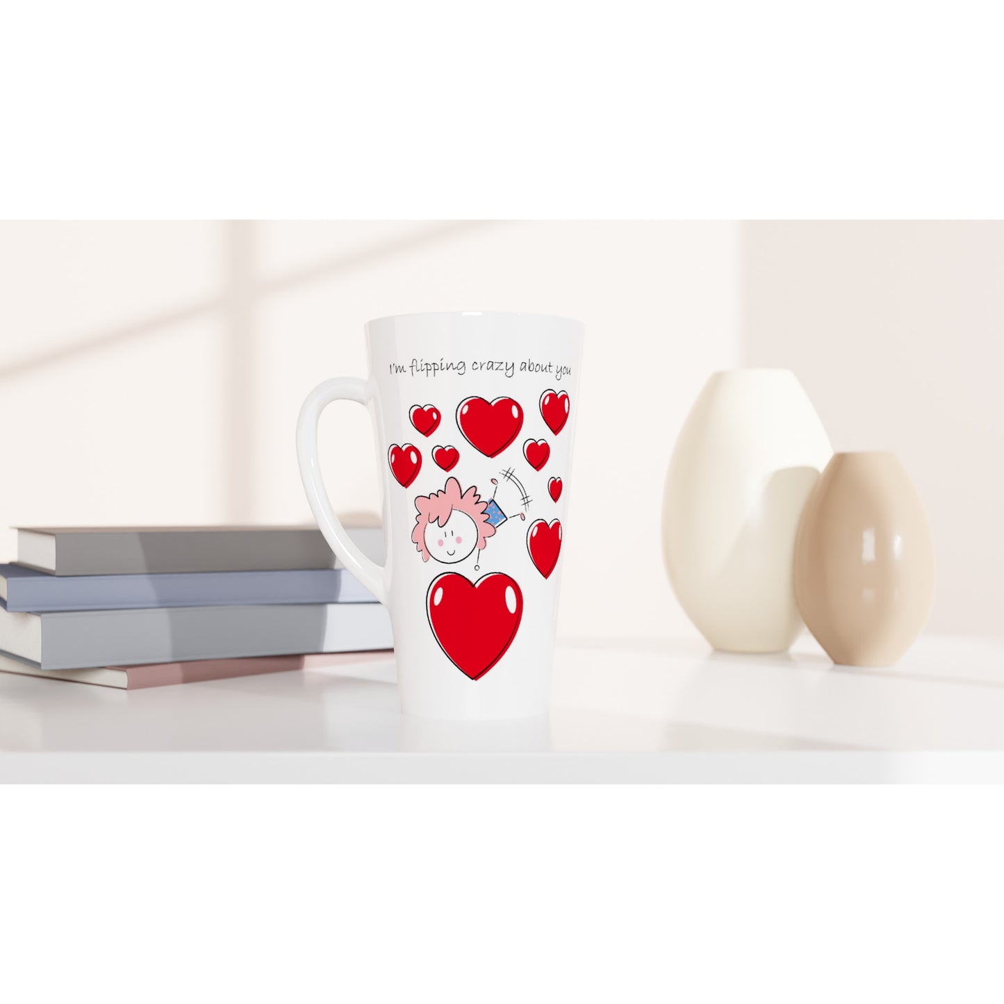 White Latte 17oz Ceramic Mug - White 15oz Ceramic Mug - Girl doing a Flip Between Hearts - Valentine