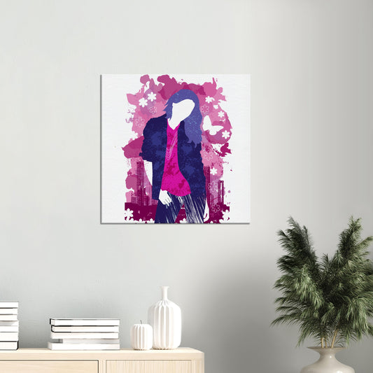 Canvas - Girl in Blue Jeans and Pink Shirt with City Skylines - Graphic Wash