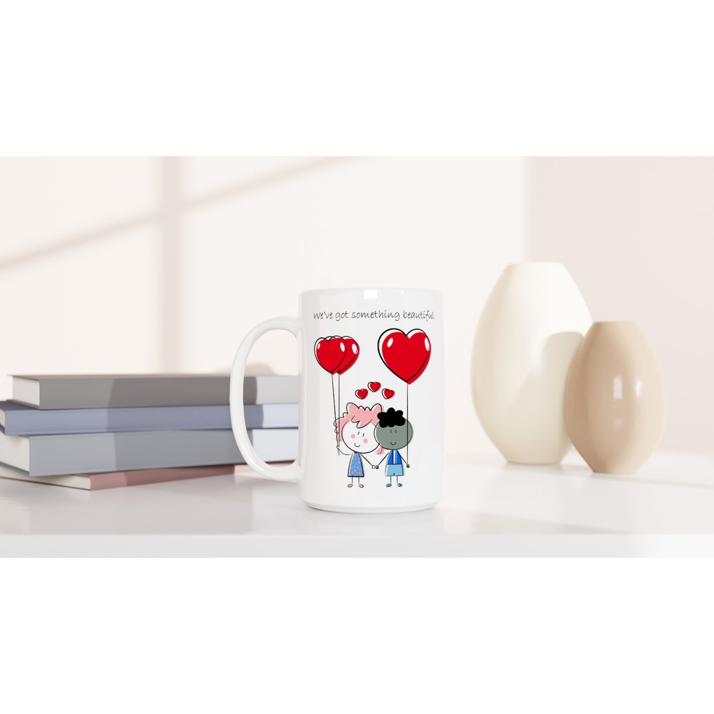 White 15oz Ceramic Mug - Couple Holding Heart Shaped Balloons - Valentine