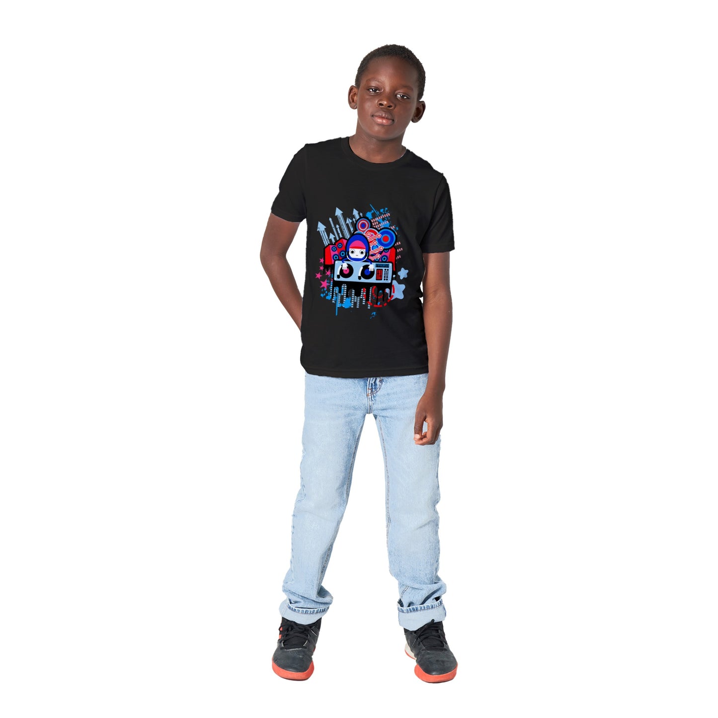 Premium Kids Crewneck T-shirt - Graphic Cartoon of a DJ on two Decks....Blue, Red and Pink