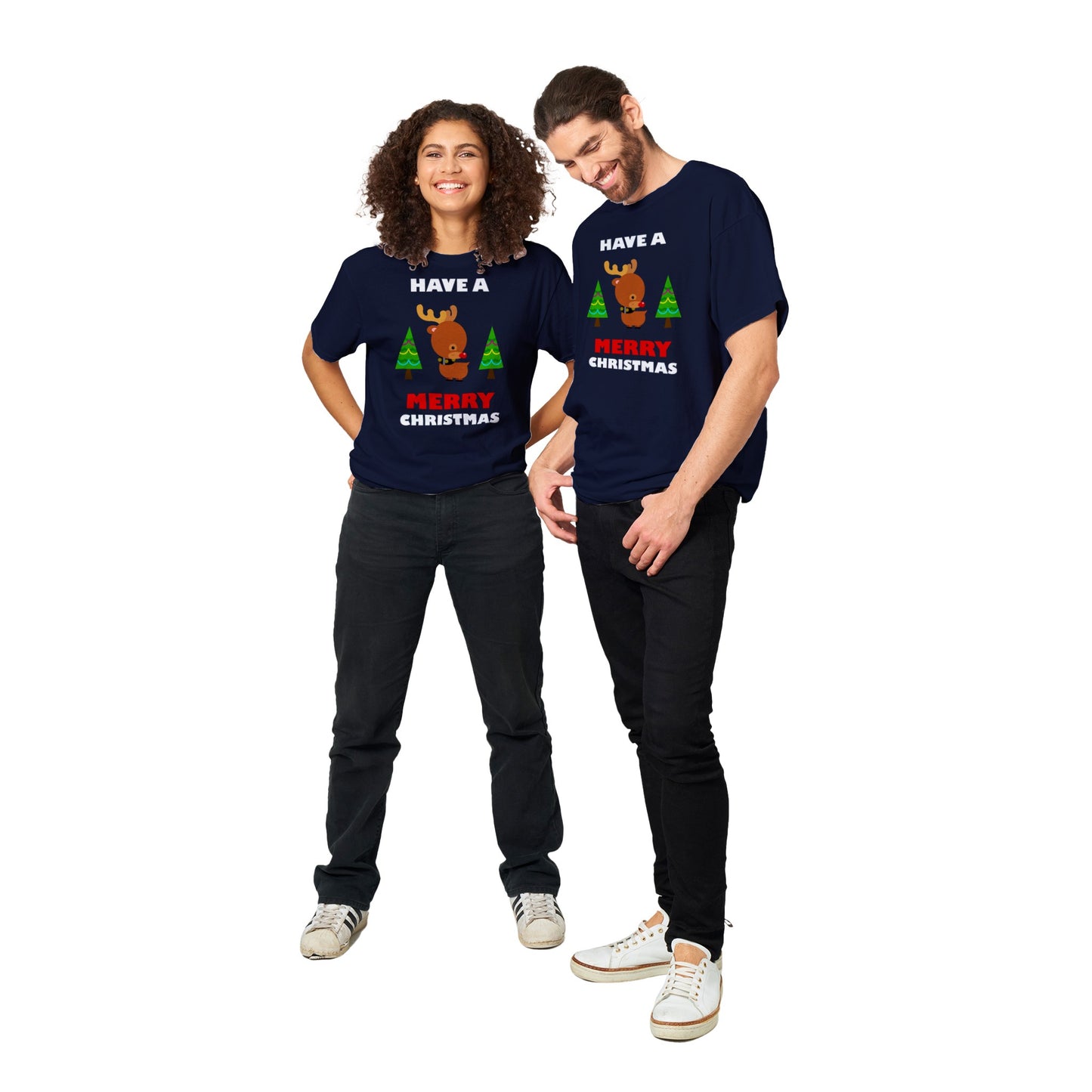 Womens Heavyweight Unisex Crewneck T-shirt Baby looking Rudolf with Christmas trees