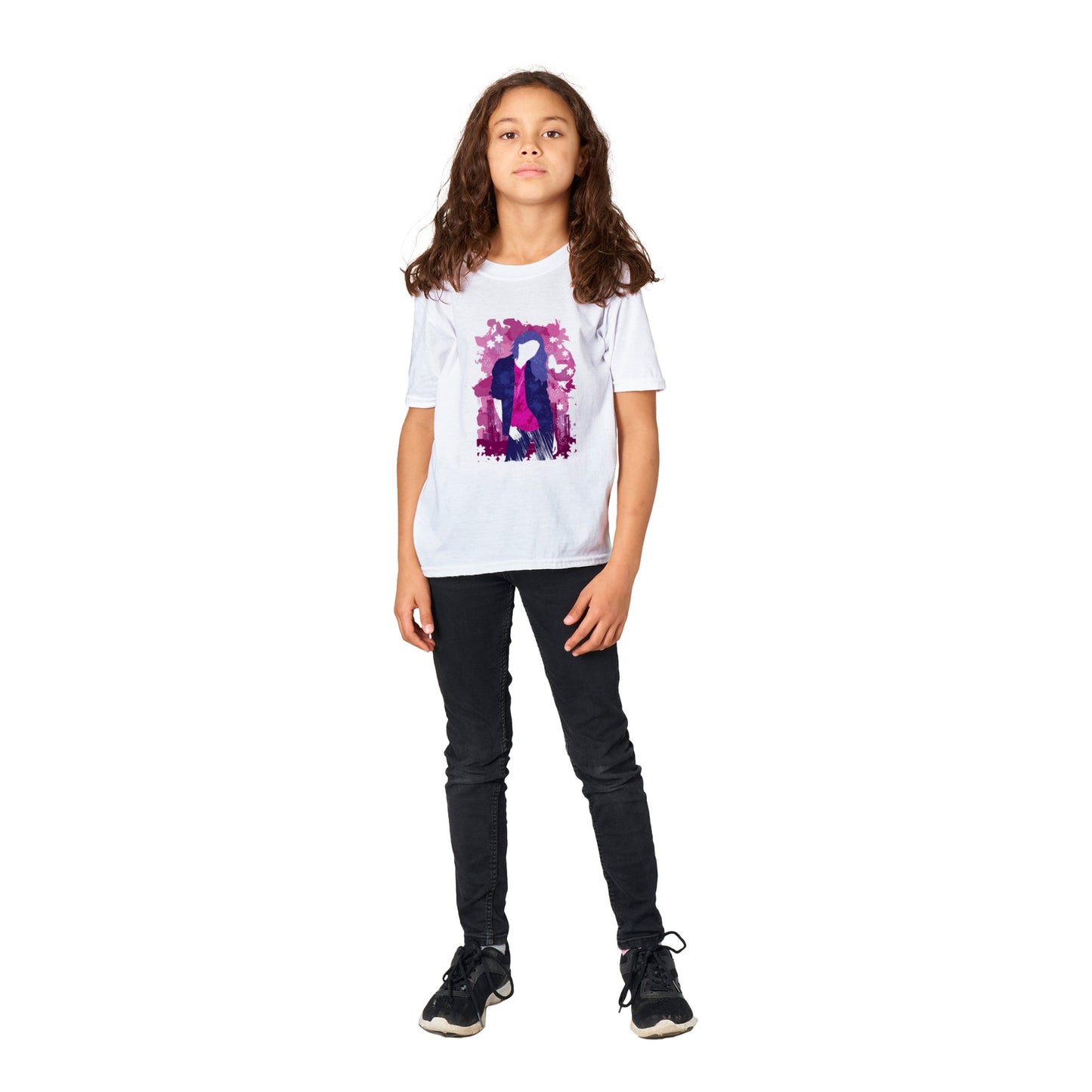 Classic Kids Crewneck T-shirt - Girl in Blue Jeans and Pink Shirt with City Skylines - Graphic Wash