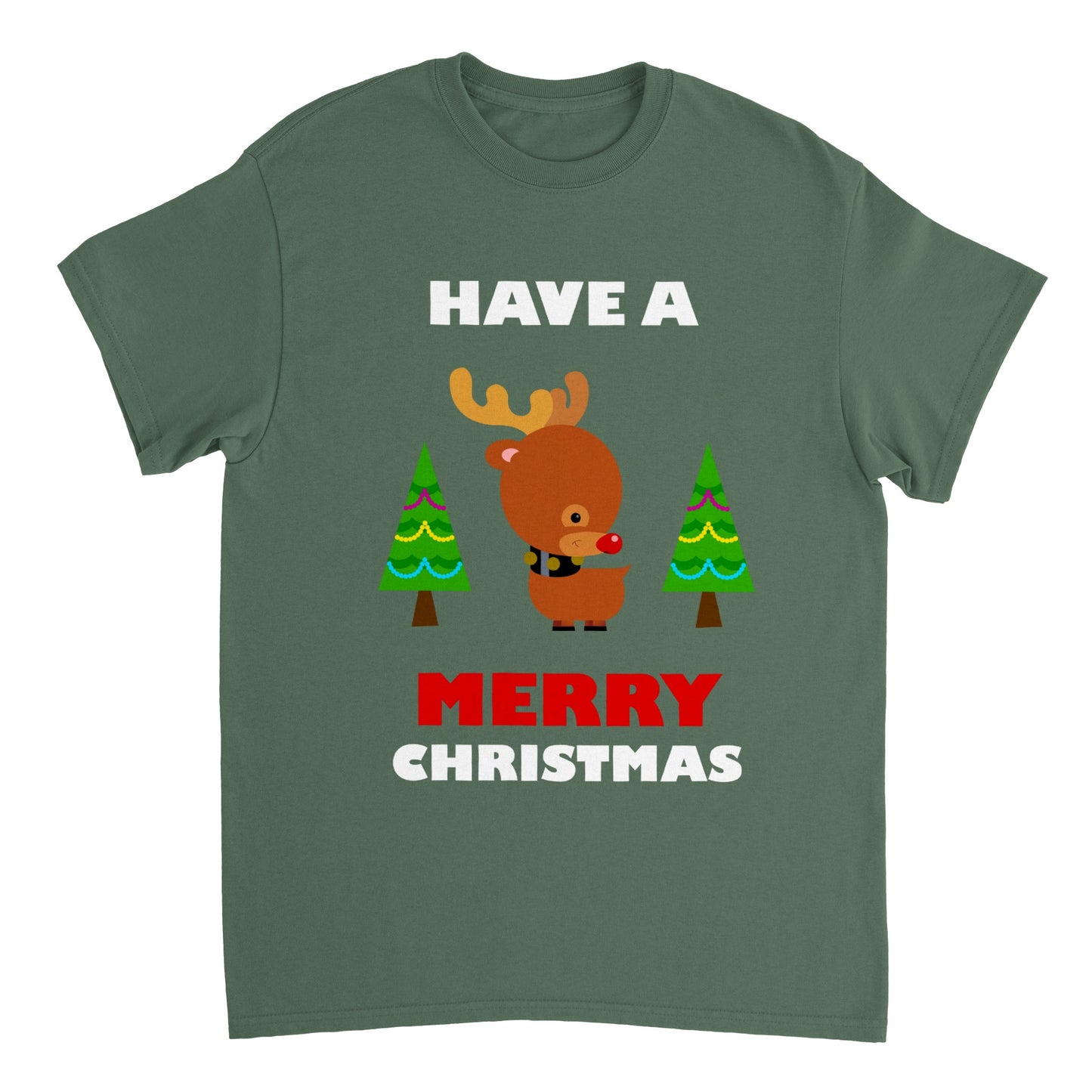 Womens Heavyweight Unisex Crewneck T-shirt Baby looking Rudolf with Christmas trees