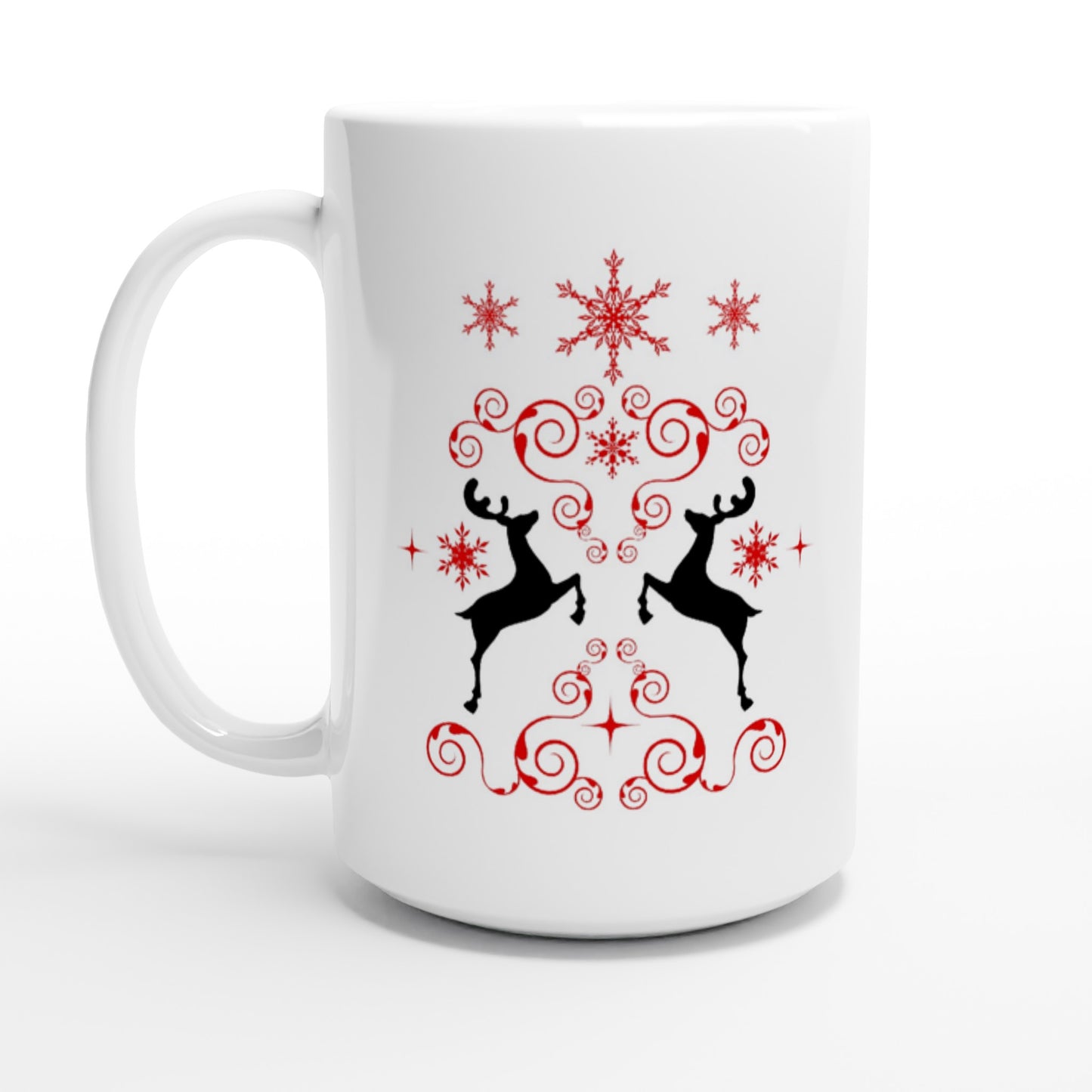 White 15oz Ceramic Mug reindeers-mirroring-snow crystals