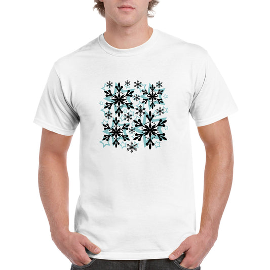 Heavyweight Unisex Crewneck T-shirt Snow Crystals and Blue Stars