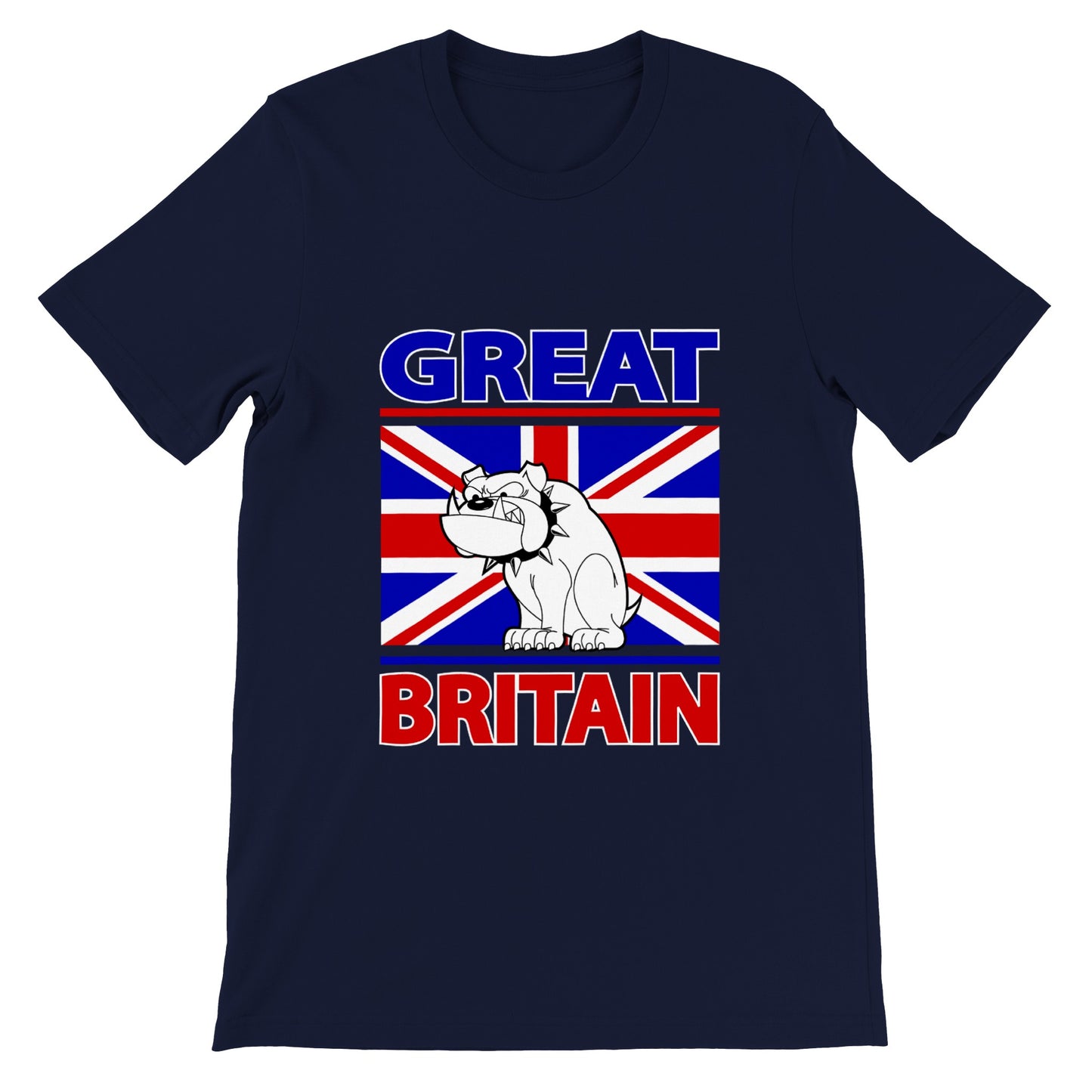 Premium Unisex Crewneck T-shirt - Cartoon Bulldog with Union Jack Flag