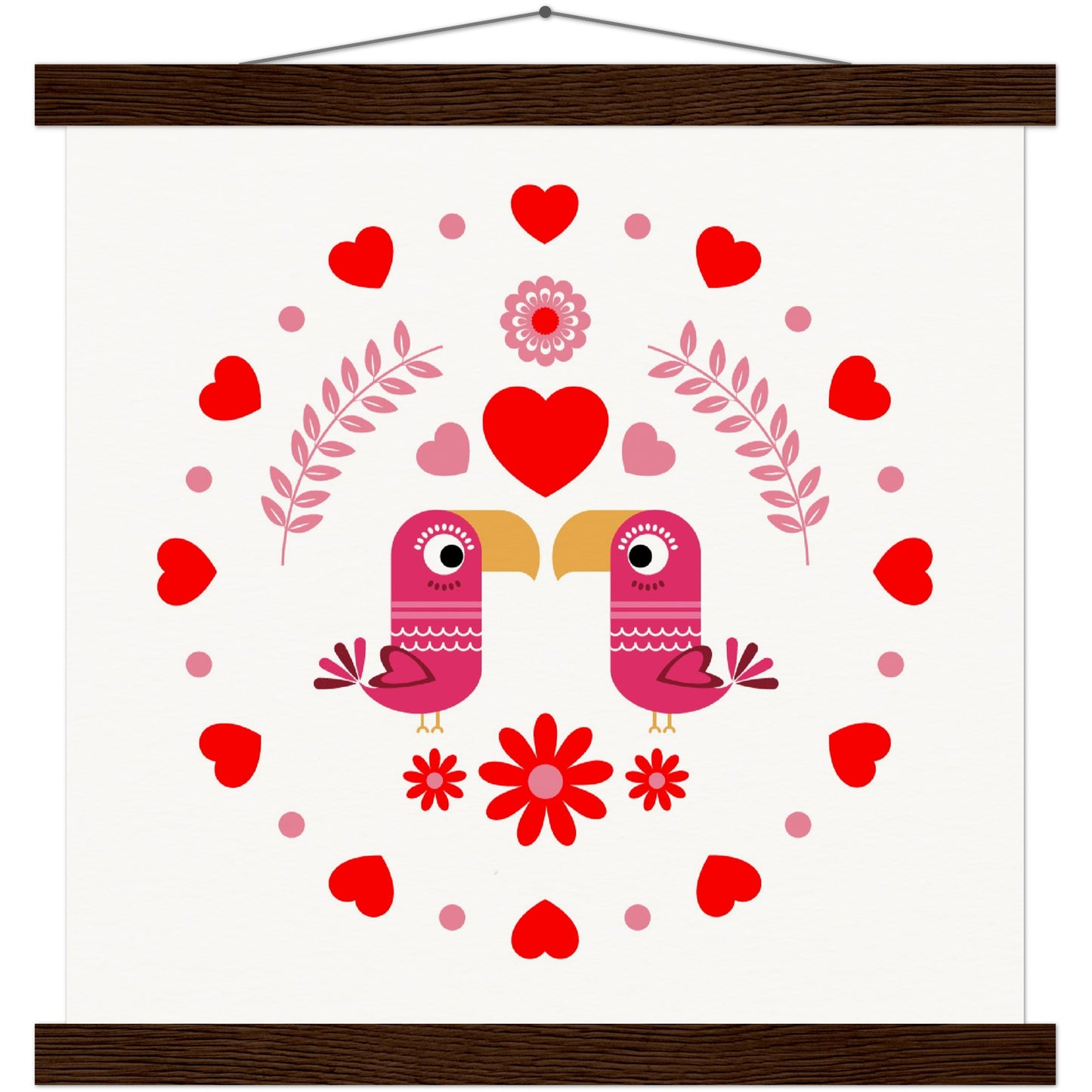 Museum-Quality Matte Paper Poster & Hanger - Birds Mirrored with Floral-Botanical and Circling Hearts - Valentine