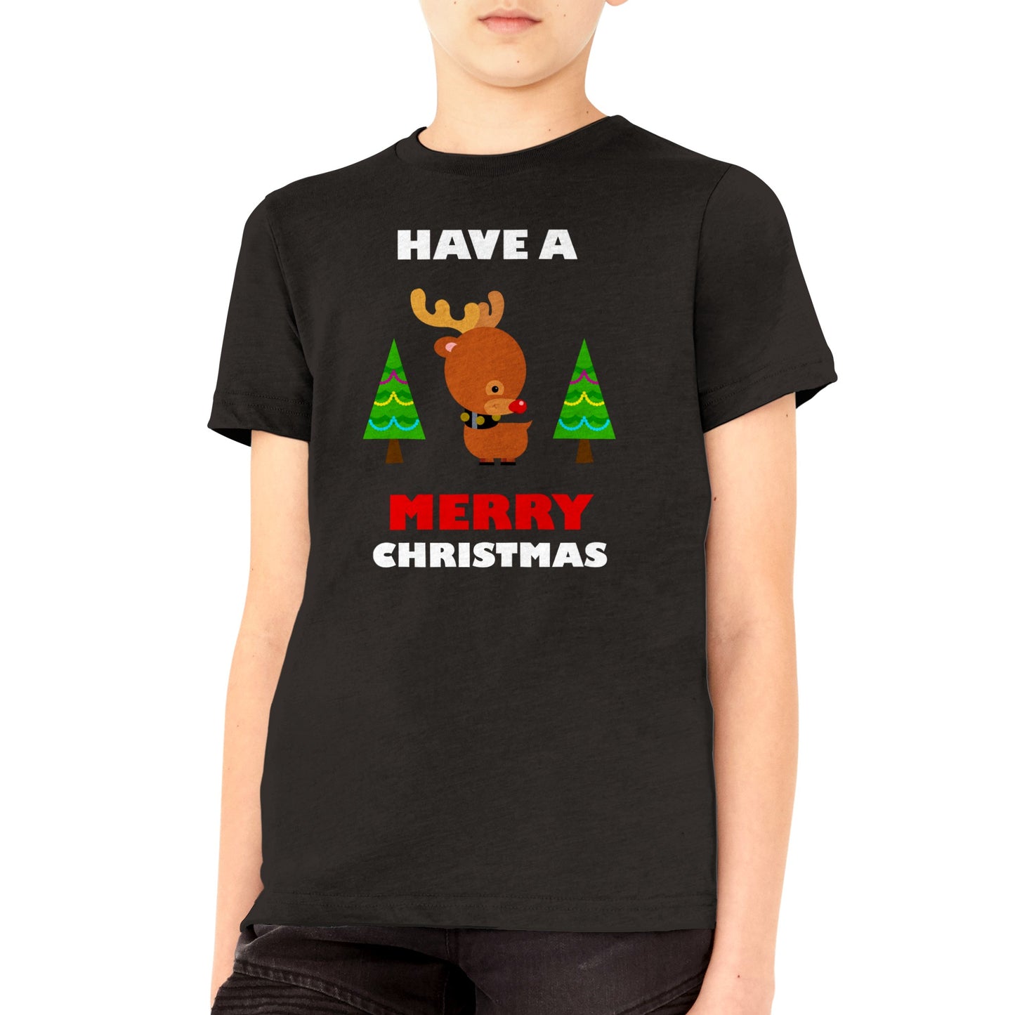 Premium Kids Crewneck T-shirt Baby looking Rudolf with Christmas trees