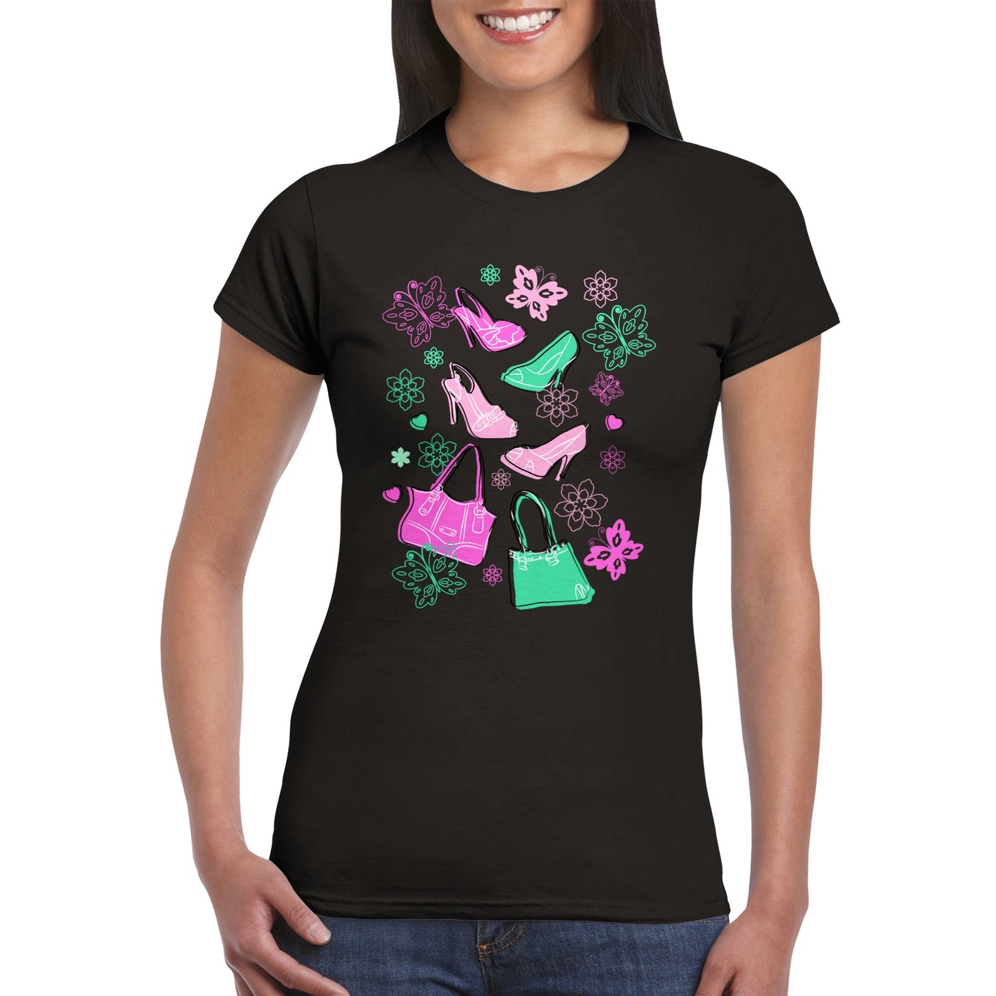 Classic Womens Crewneck T-shirt - Graphic Art of Shoes, Bags, Butterflies and Floral-Pink and Mint Colours