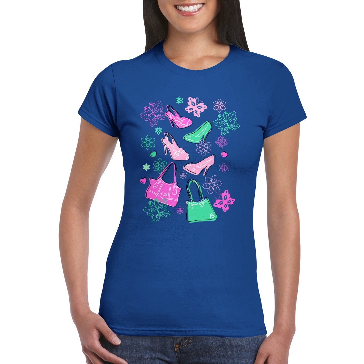 Classic Womens Crewneck T-shirt - Graphic Art of Shoes, Bags, Butterflies and Floral-Pink and Mint Colours