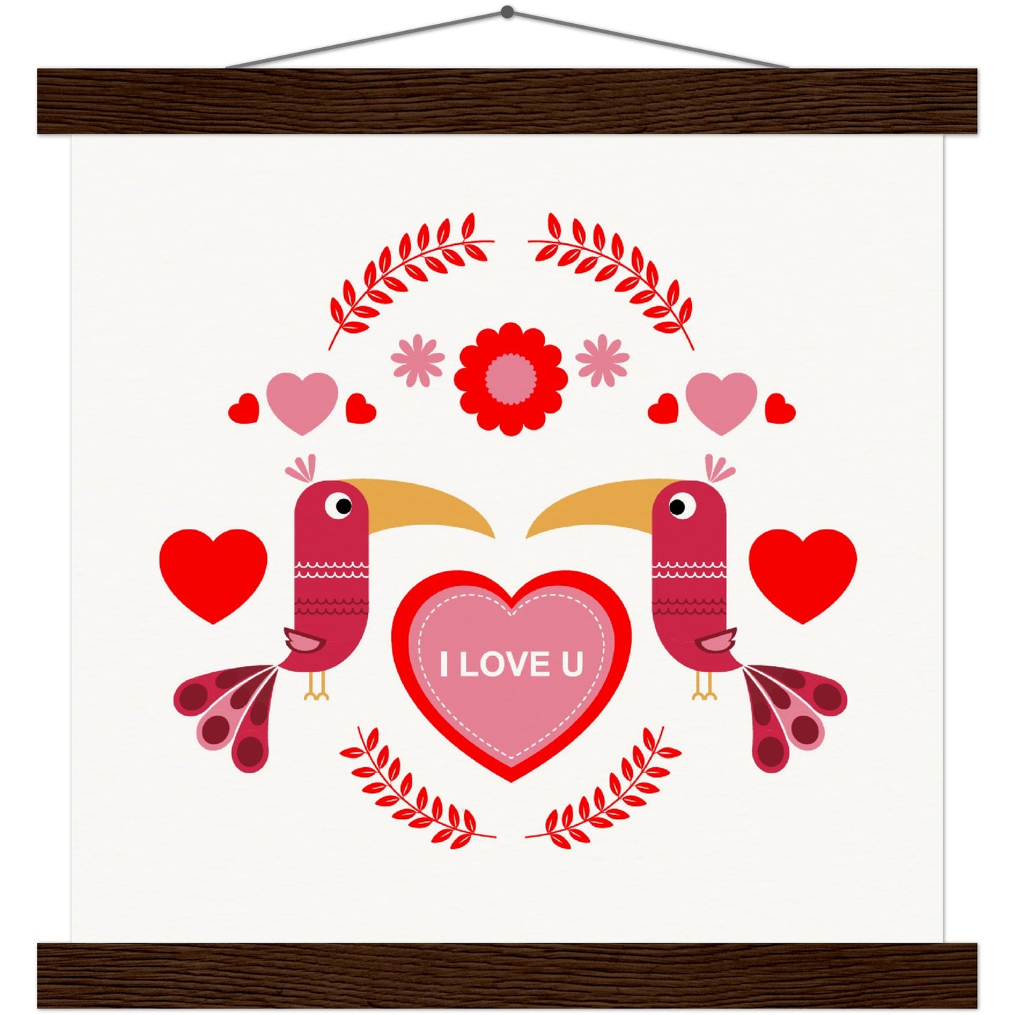 Museum-Quality Matte Paper Poster & Hanger - Birds Morrored with Floral-Botanical and Hearts - Valentine