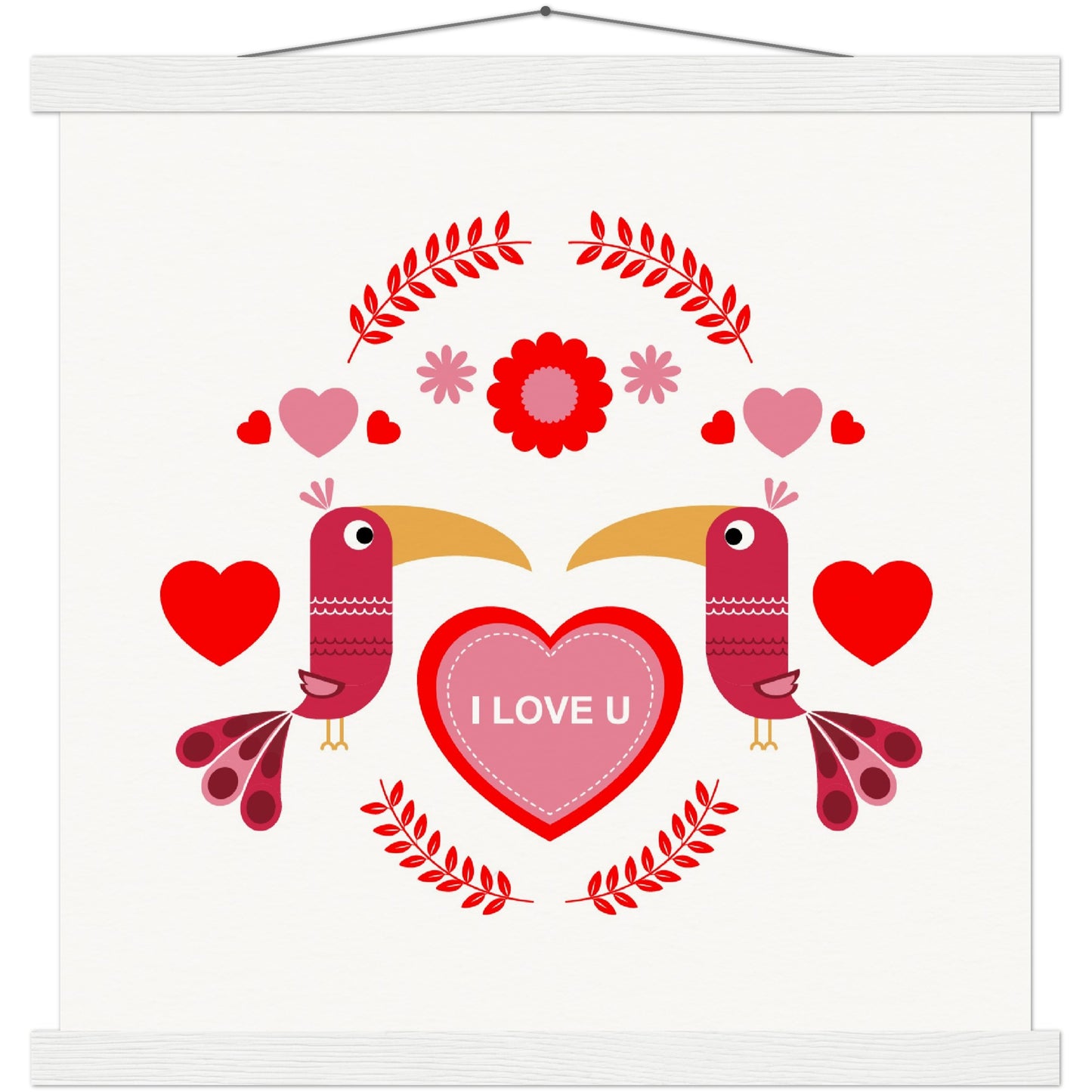 Museum-Quality Matte Paper Poster & Hanger - Birds Morrored with Floral-Botanical and Hearts - Valentine