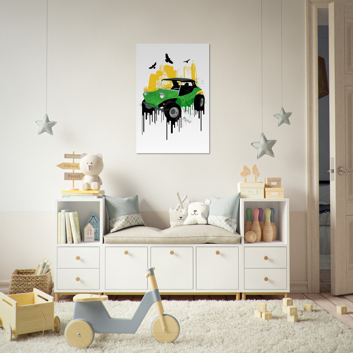 Premium Matte Paper Poster - Dune Buggy with City Background and Birds. Graphic Paint