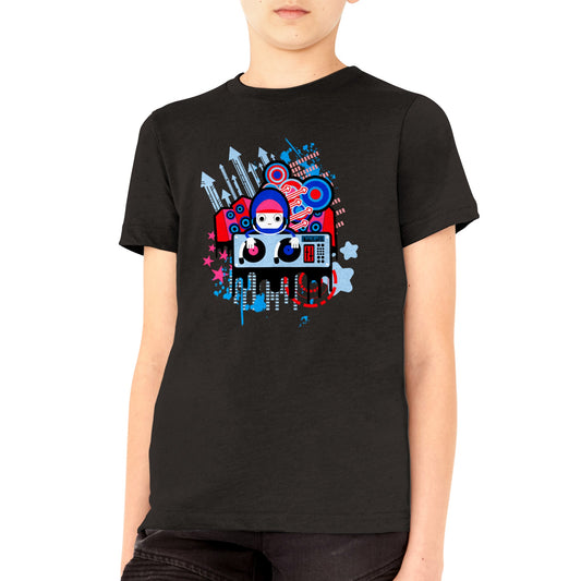 Premium Kids Crewneck T-shirt - Graphic Cartoon of a DJ on two Decks....Blue, Red and Pink