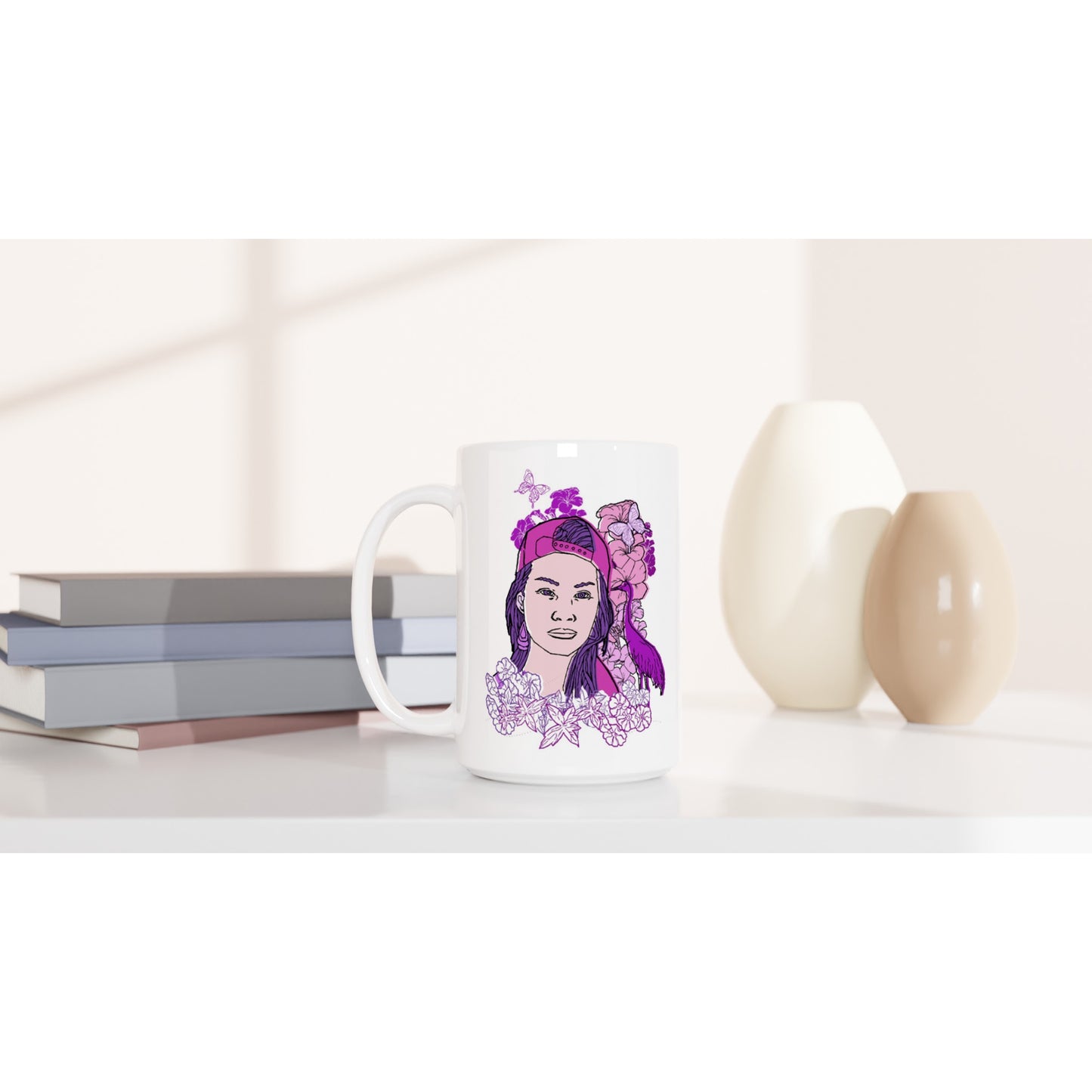 White 15oz Ceramic Mug - Girl In Pink-Nature And Floral