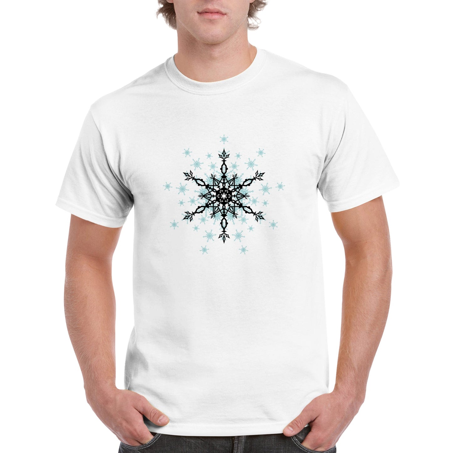 Men's Heavyweight Unisex Crewneck T-shirt Snow Crystals- Black and Blue