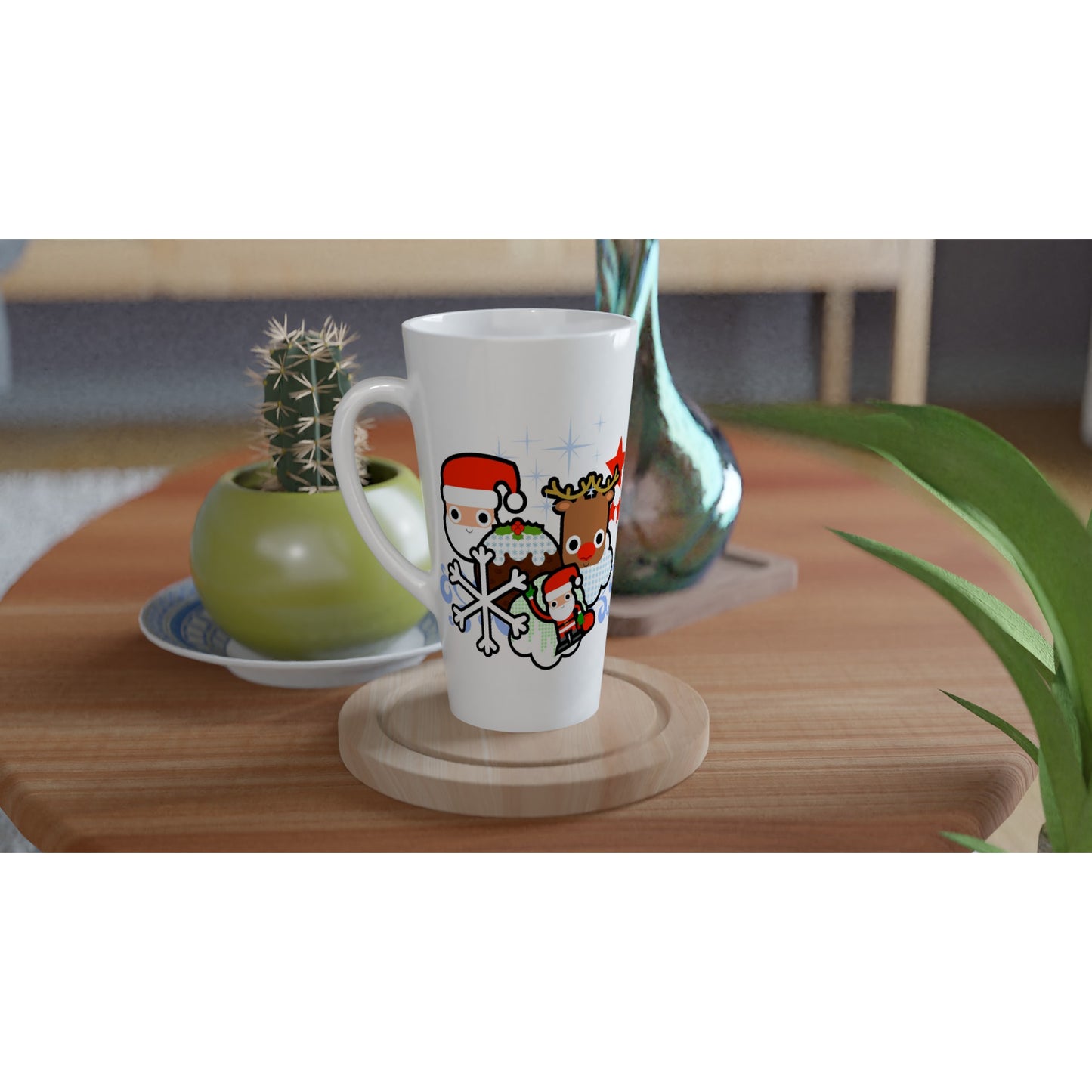 White Latte 17oz Ceramic Mug Santa and all Christmas - graphics