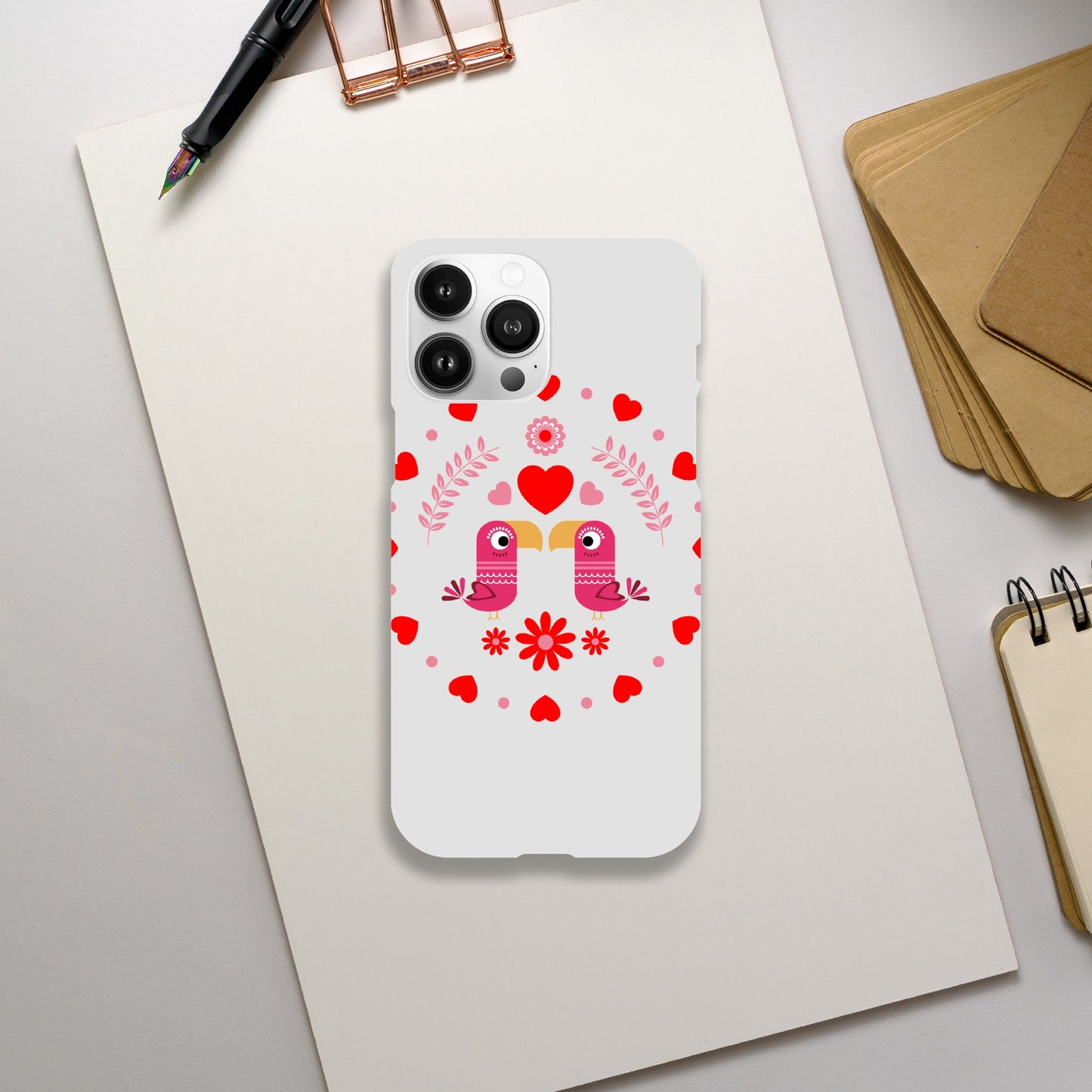 Slim case - Birds Mirrored with Floral-Botanical and Circling Hearts - Valentine