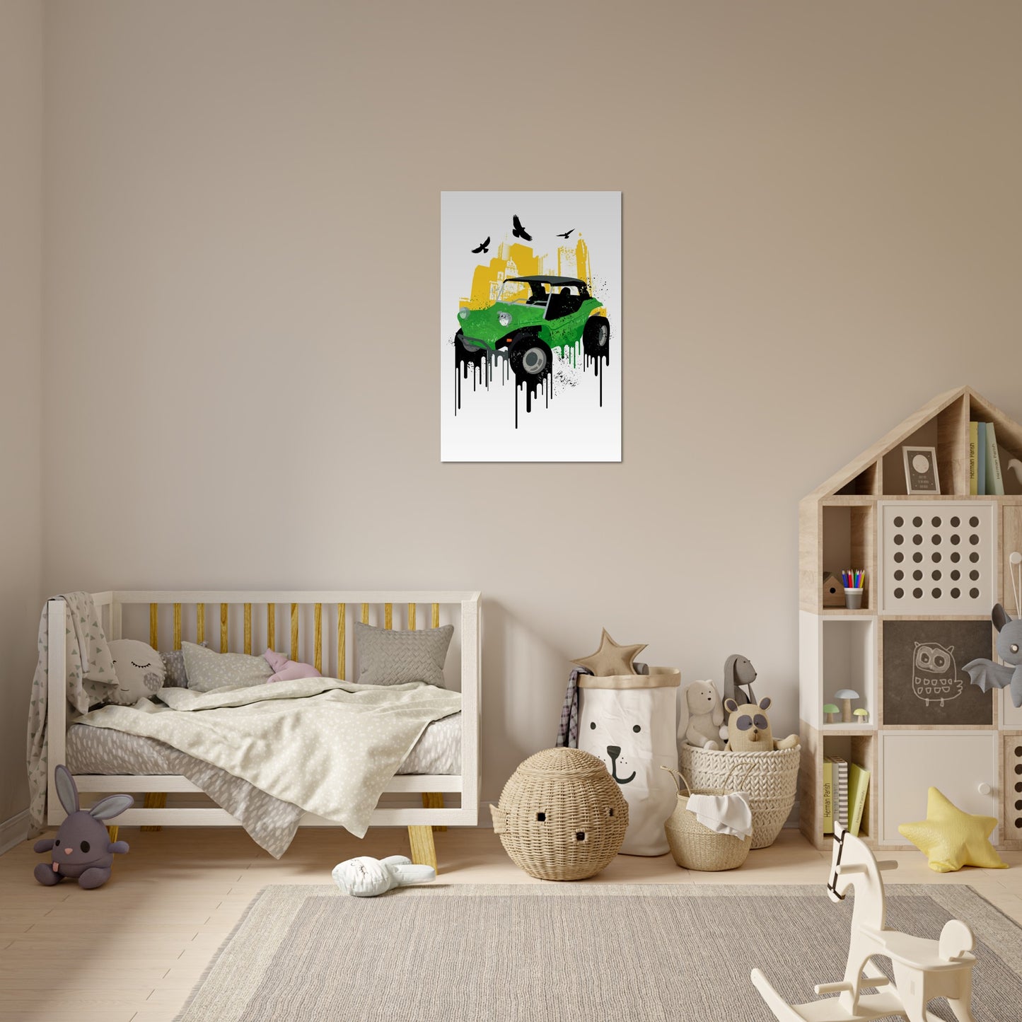 Premium Matte Paper Poster - Dune Buggy with City Background and Birds. Graphic Paint