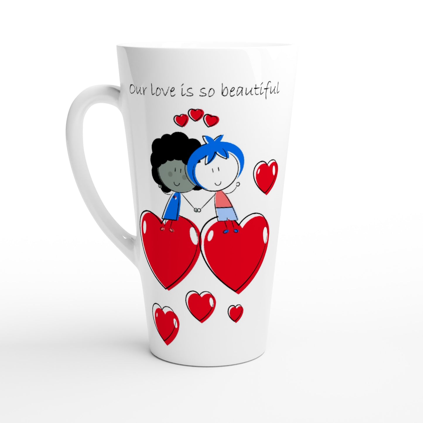 White Latte 17oz Ceramic Mug - Couple Standing and Holding Hands On Hearts - Valentine