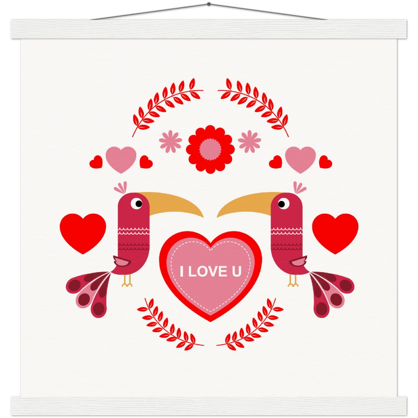 Museum-Quality Matte Paper Poster & Hanger - Birds Morrored with Floral-Botanical and Hearts - Valentine