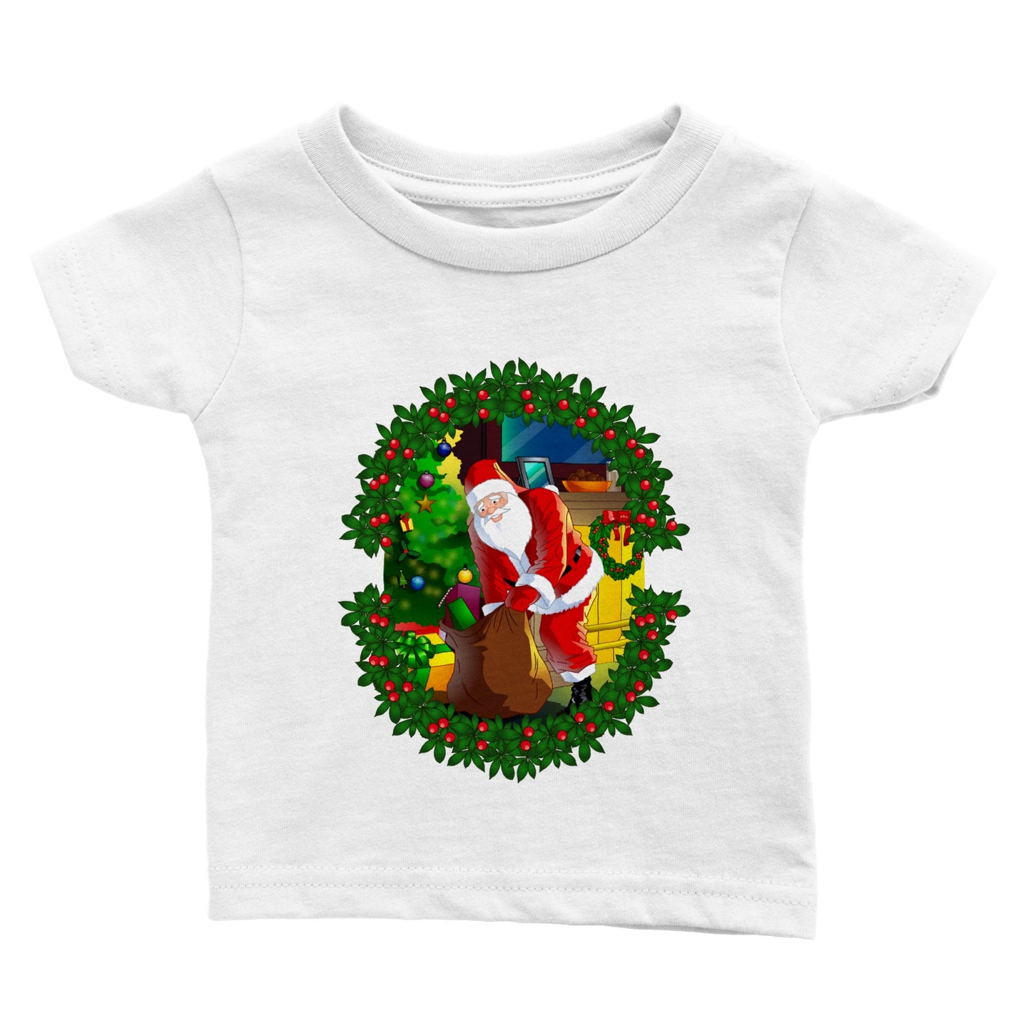 Classic Baby Crewneck T-shirt Santa-fireplace-Reath