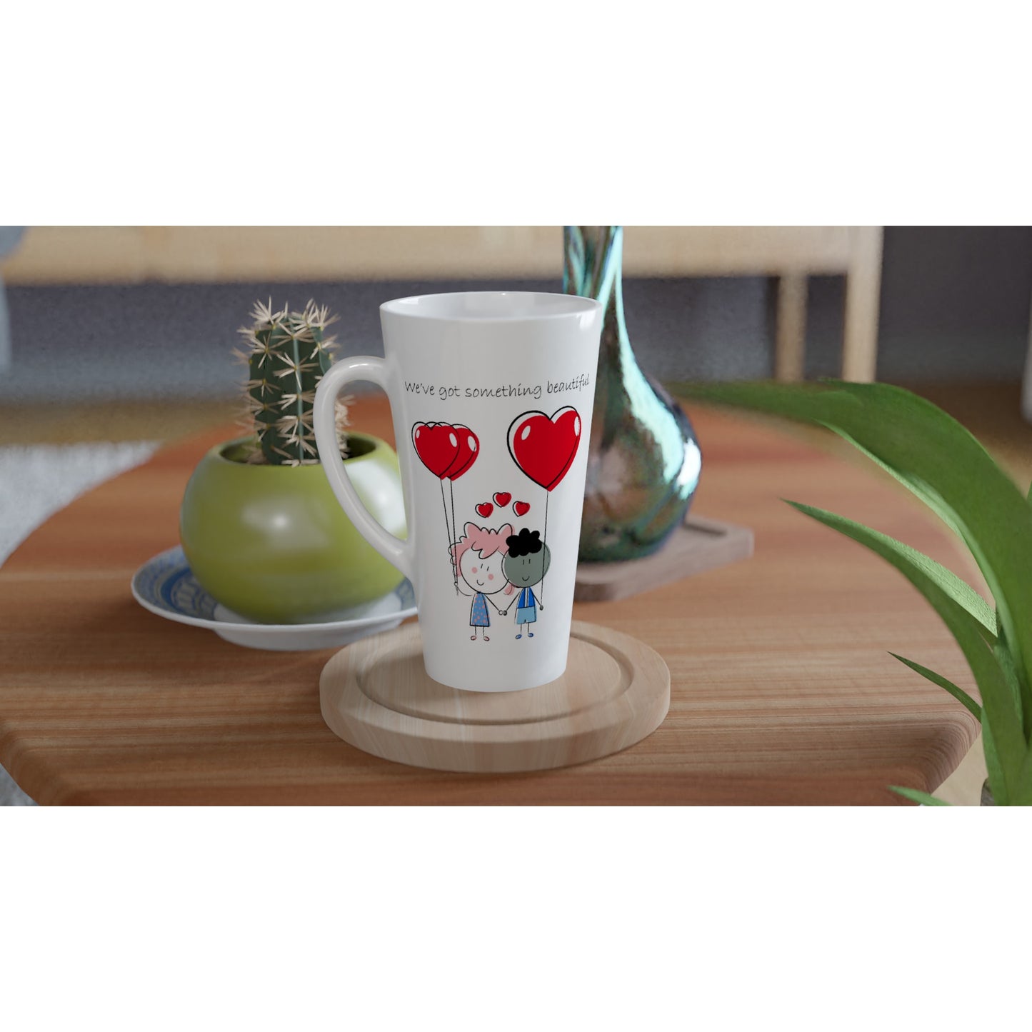 White Latte 17oz Ceramic Mug - White 15oz Ceramic Mug - Couple Holding Heart Shaped Balloons - Valentine