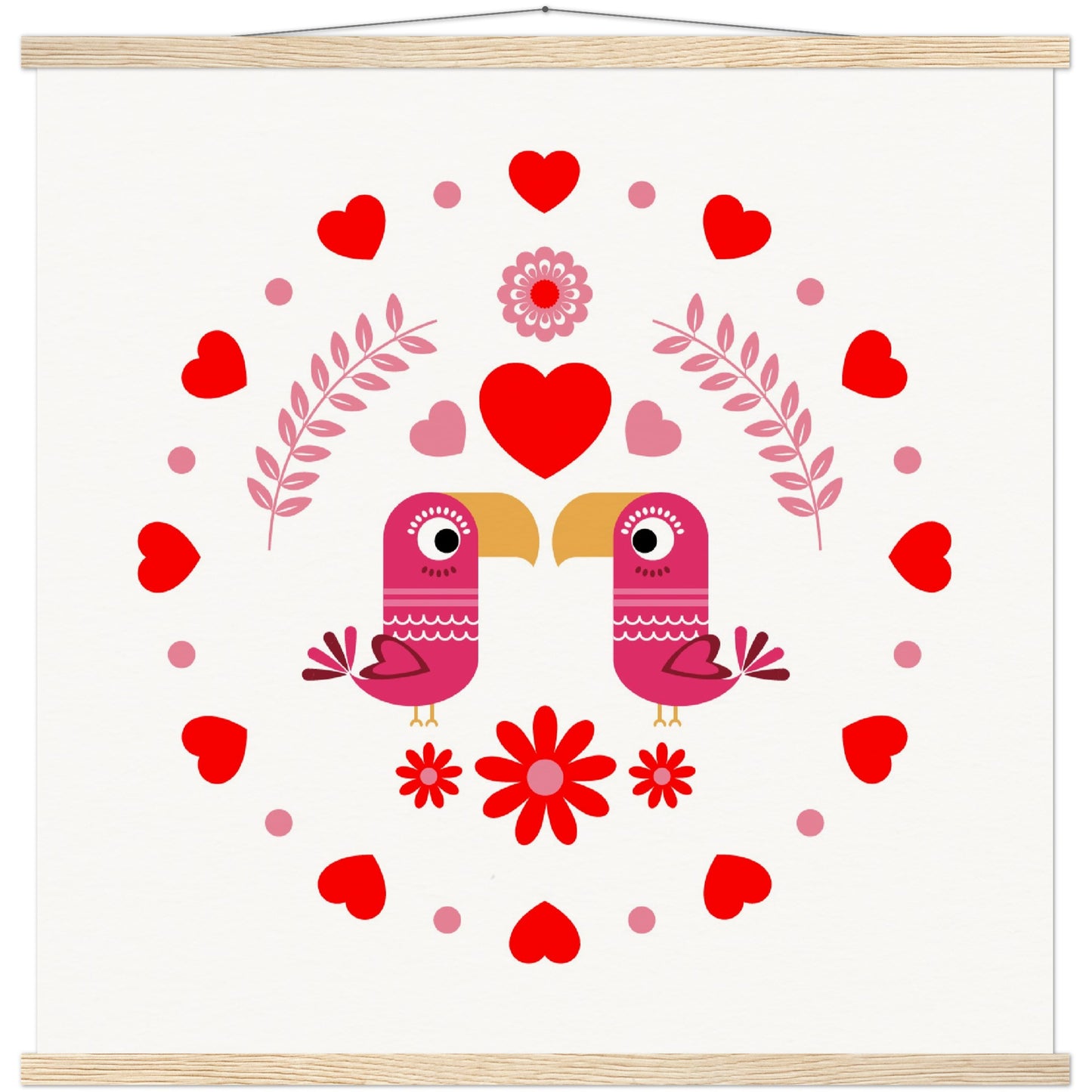 Museum-Quality Matte Paper Poster & Hanger - Birds Mirrored with Floral-Botanical and Circling Hearts - Valentine