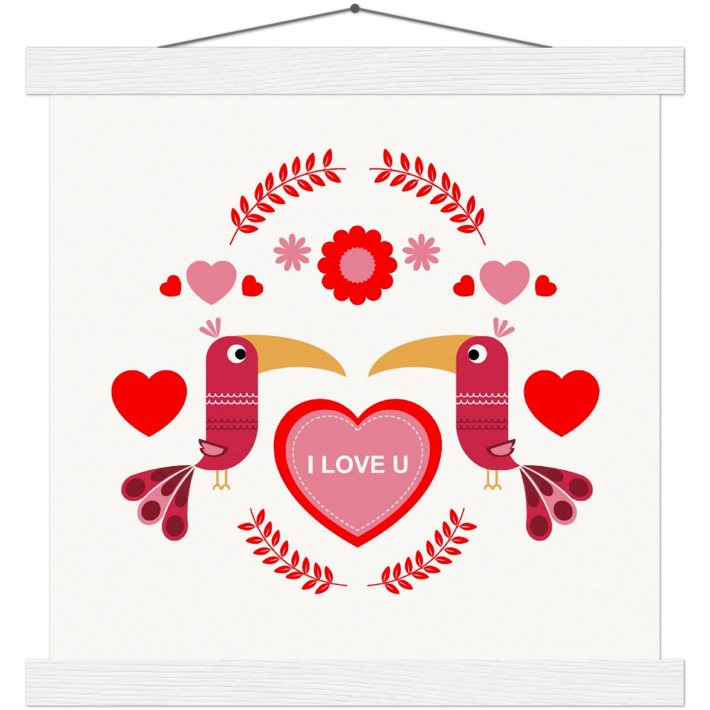 Museum-Quality Matte Paper Poster & Hanger - Birds Morrored with Floral-Botanical and Hearts - Valentine