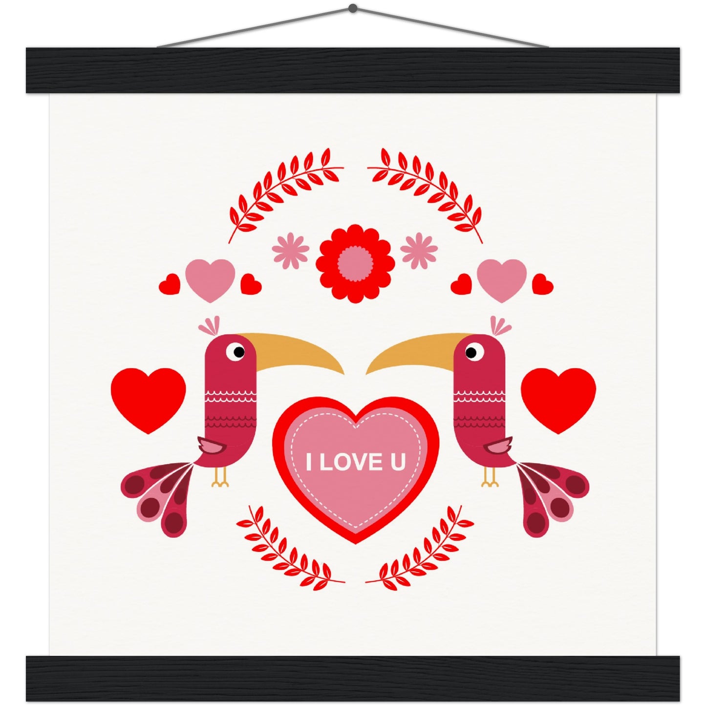 Museum-Quality Matte Paper Poster & Hanger - Birds Morrored with Floral-Botanical and Hearts - Valentine