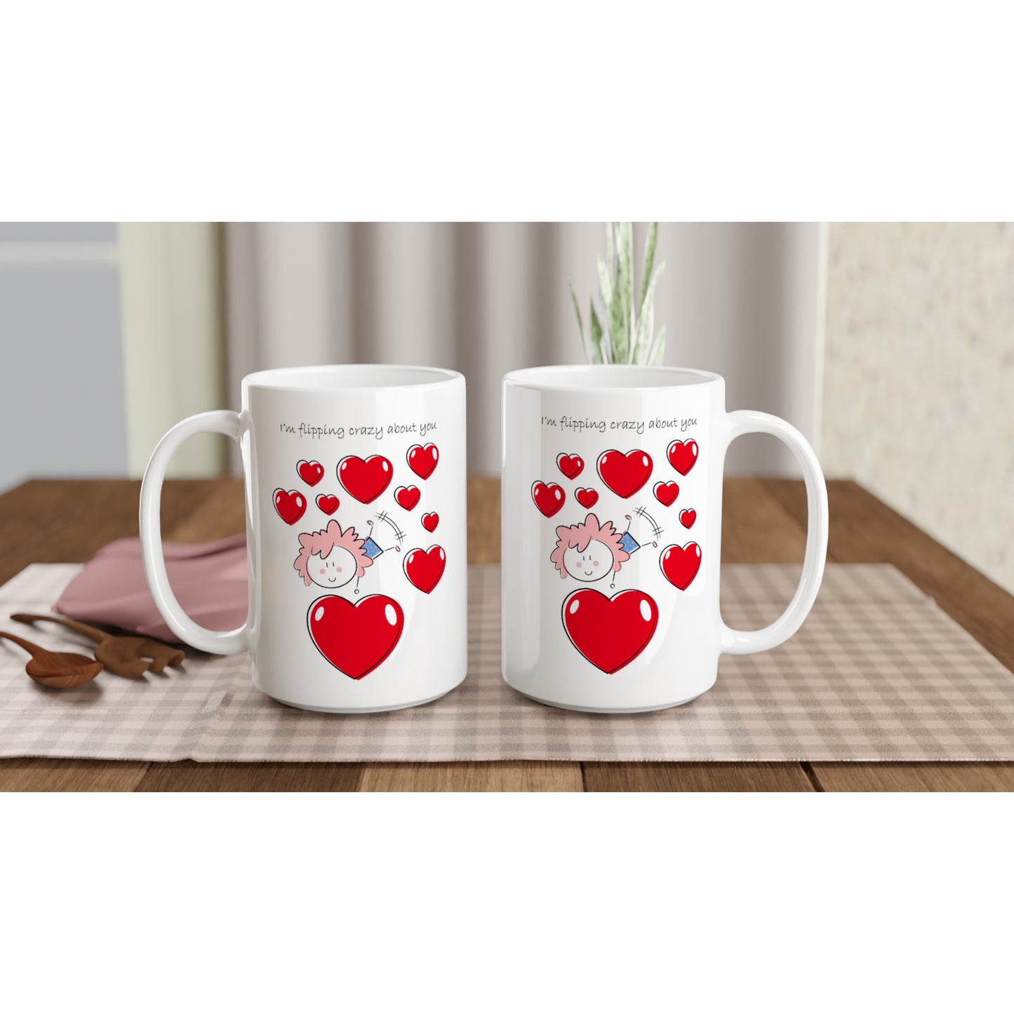 White 15oz Ceramic Mug - Girl doing a Flip Between Hearts - Valentine