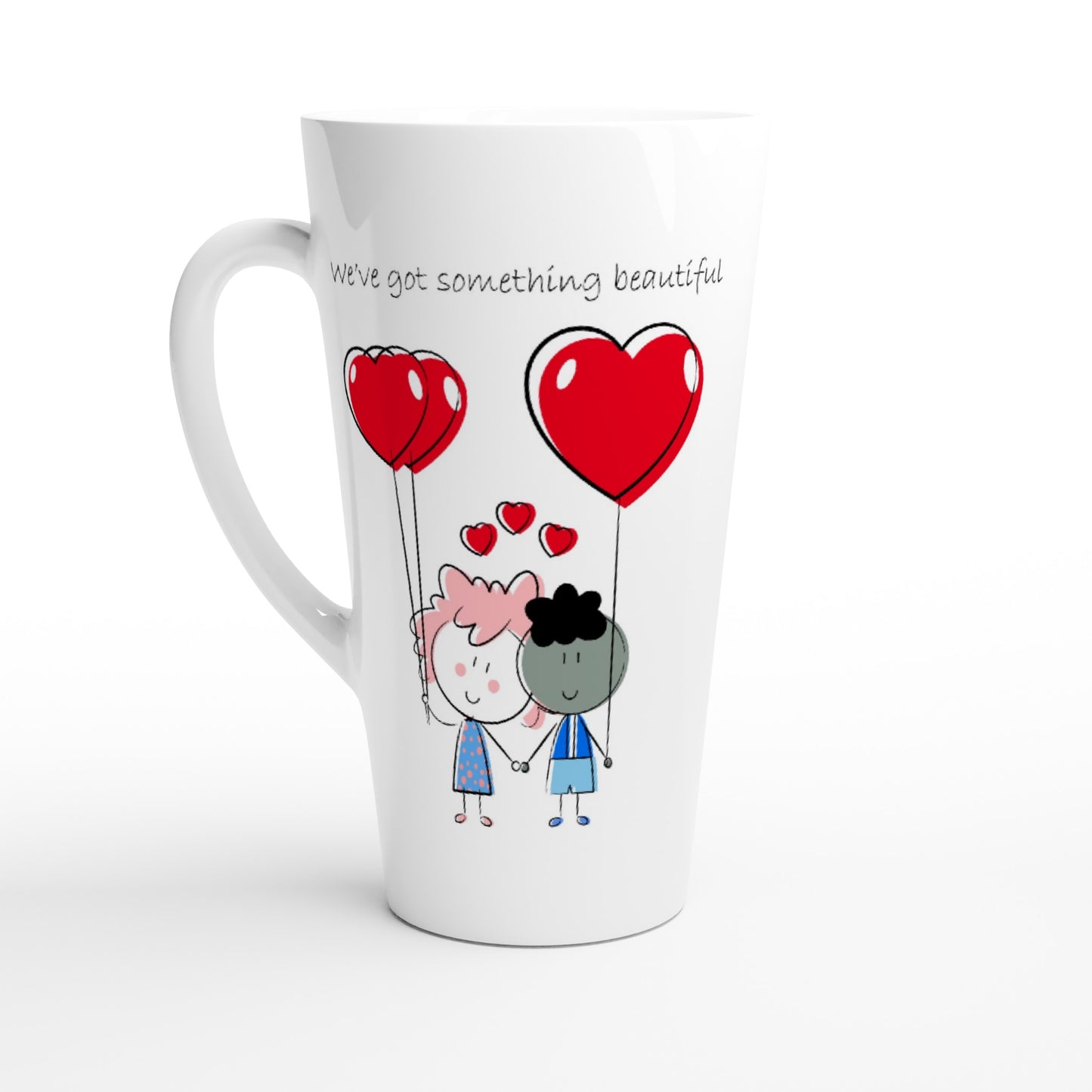 White Latte 17oz Ceramic Mug - White 15oz Ceramic Mug - Couple Holding Heart Shaped Balloons - Valentine