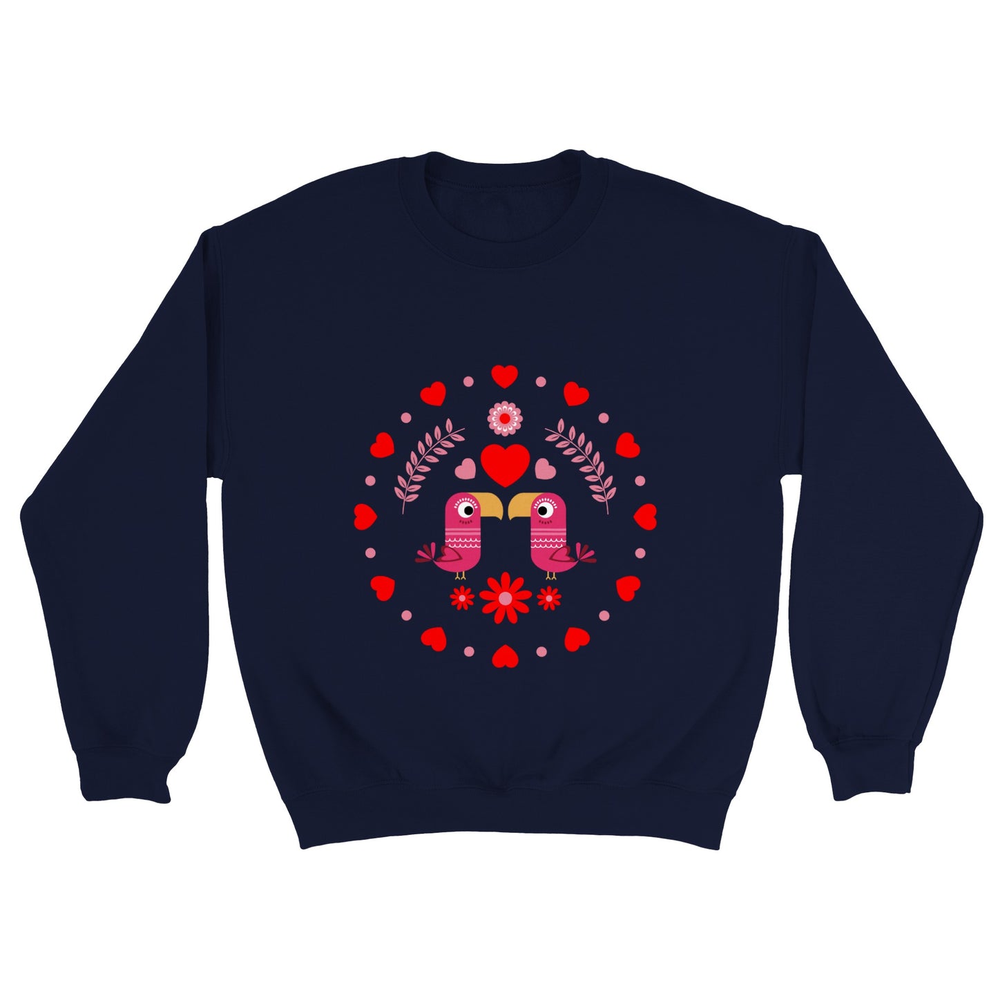 Classic Unisex Crewneck Sweatshirt - Birds Mirrored with Floral-Botanical and Circling Hearts - Valentine