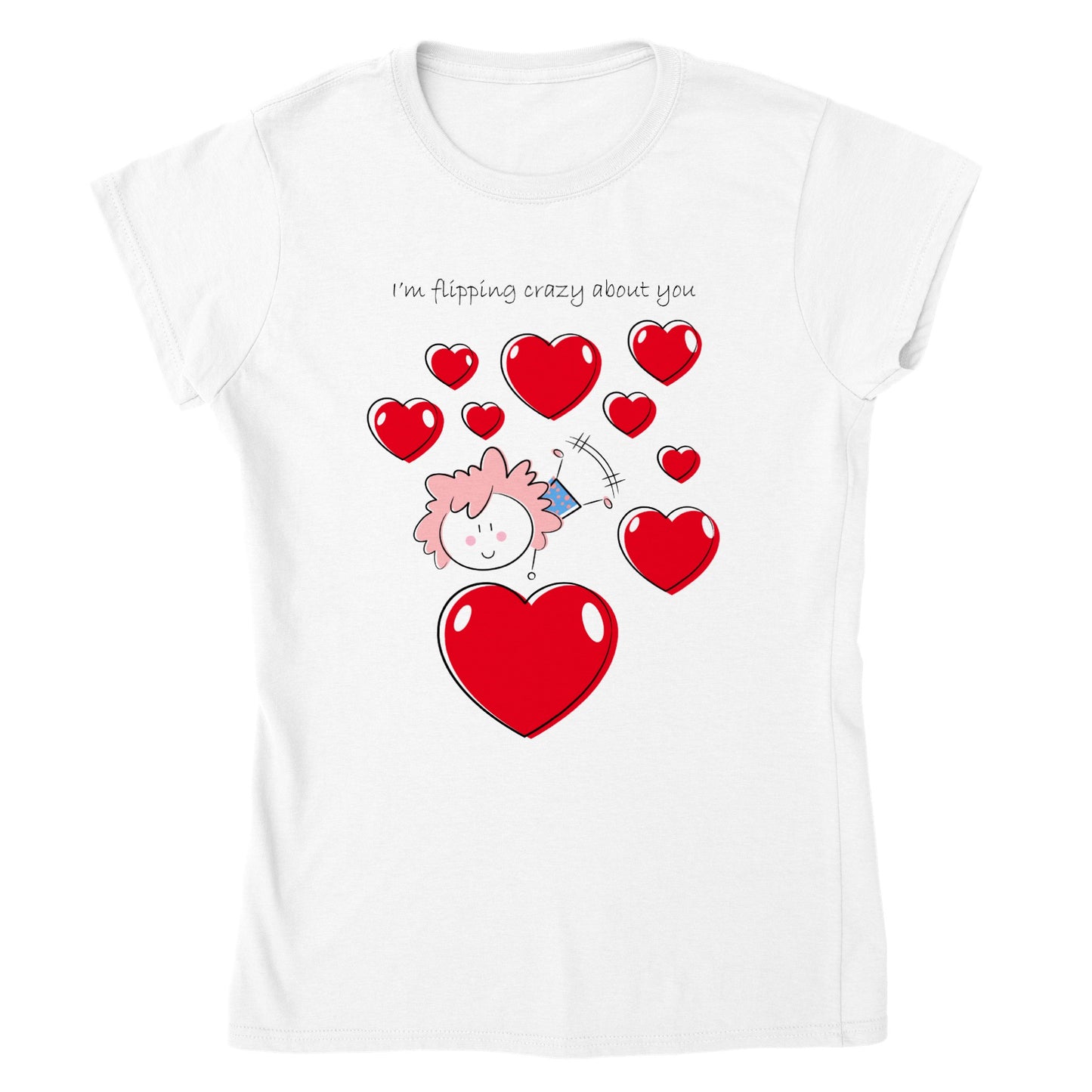 Classic Womens Crewneck T-shirt - Girl doing a Flip Between Hearts - Valentine