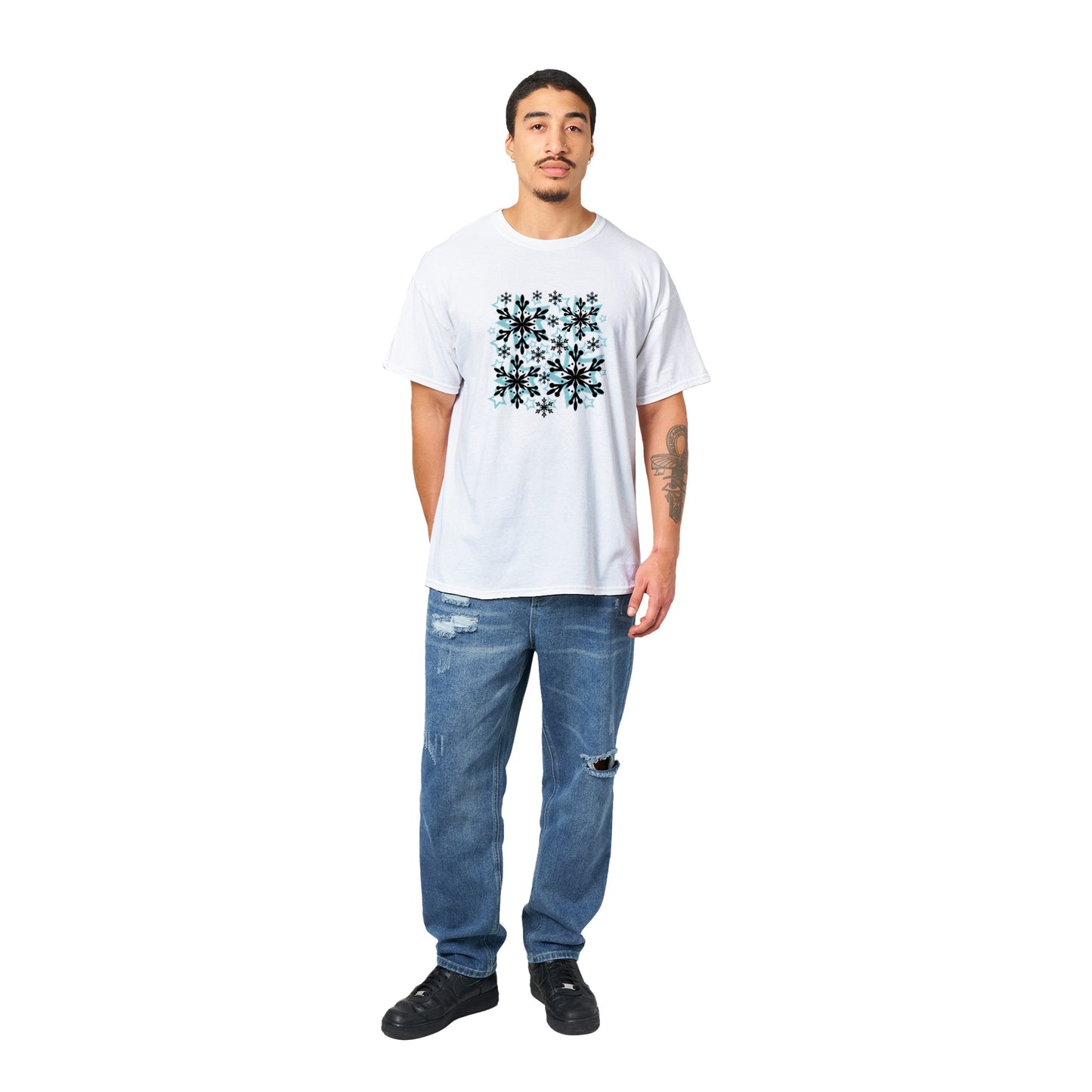 Heavyweight Unisex Crewneck T-shirt Snow Crystals and Blue Stars