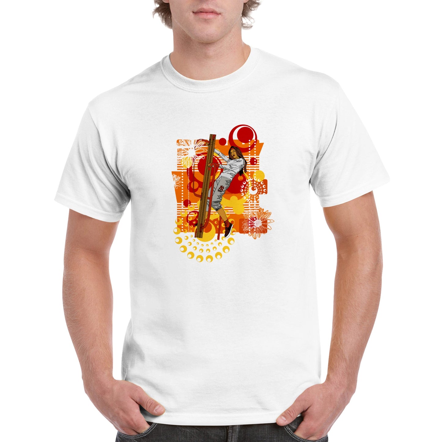 Heavyweight Unisex Crewneck T-shirt - Girl on wooden stands steps-Abstract Graphics Background