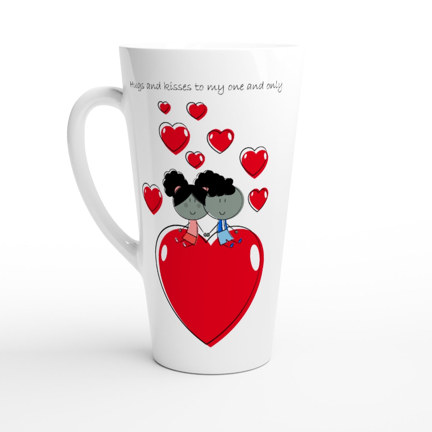 White Latte 17oz Ceramic Mug - Couple sitting and Holding Hands on a Heart - Valentine