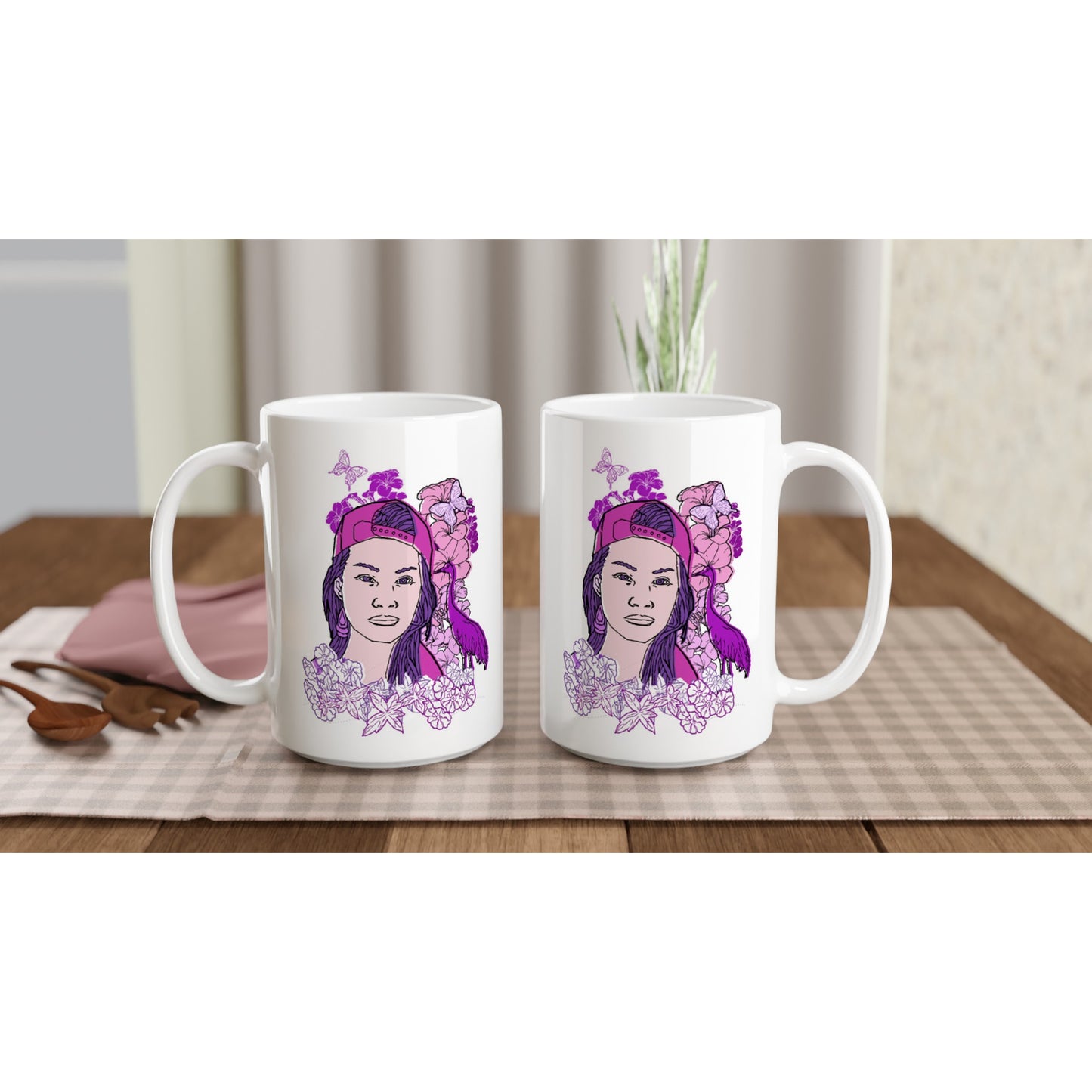 White 15oz Ceramic Mug - Girl In Pink-Nature And Floral