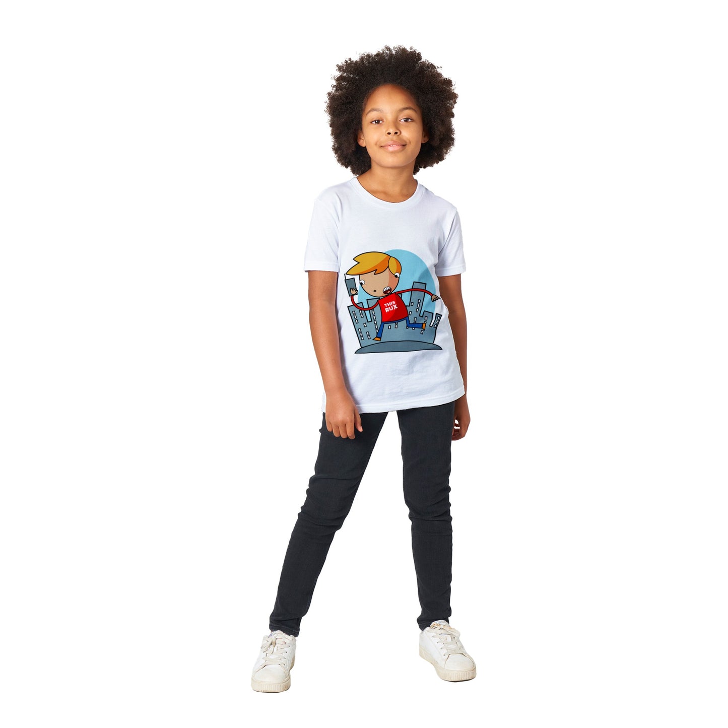 Premium Kids Crewneck T-shirt - Cartoon Of A Kid On A Phone With City Skylines