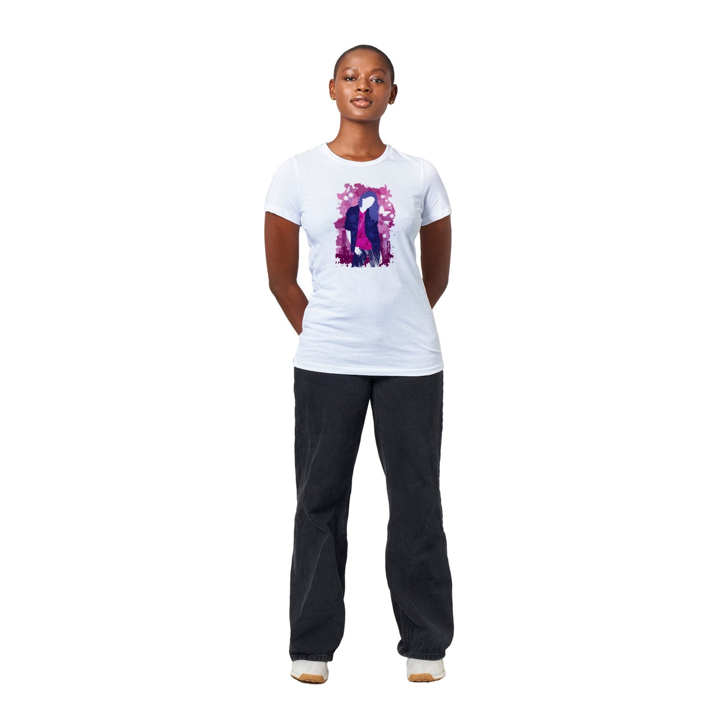 Premium Women's Crewneck T-shirt - Girl in Blue Jeans and Pink Shirt with City Skylines - Graphic Wash