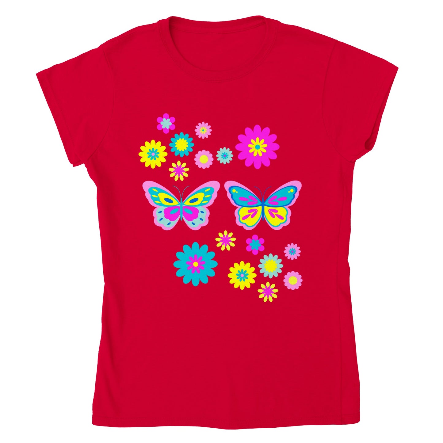 Classic Womens Crewneck T-shirt - Beautiful Graphic Floral and Butterflies in vibrant colours