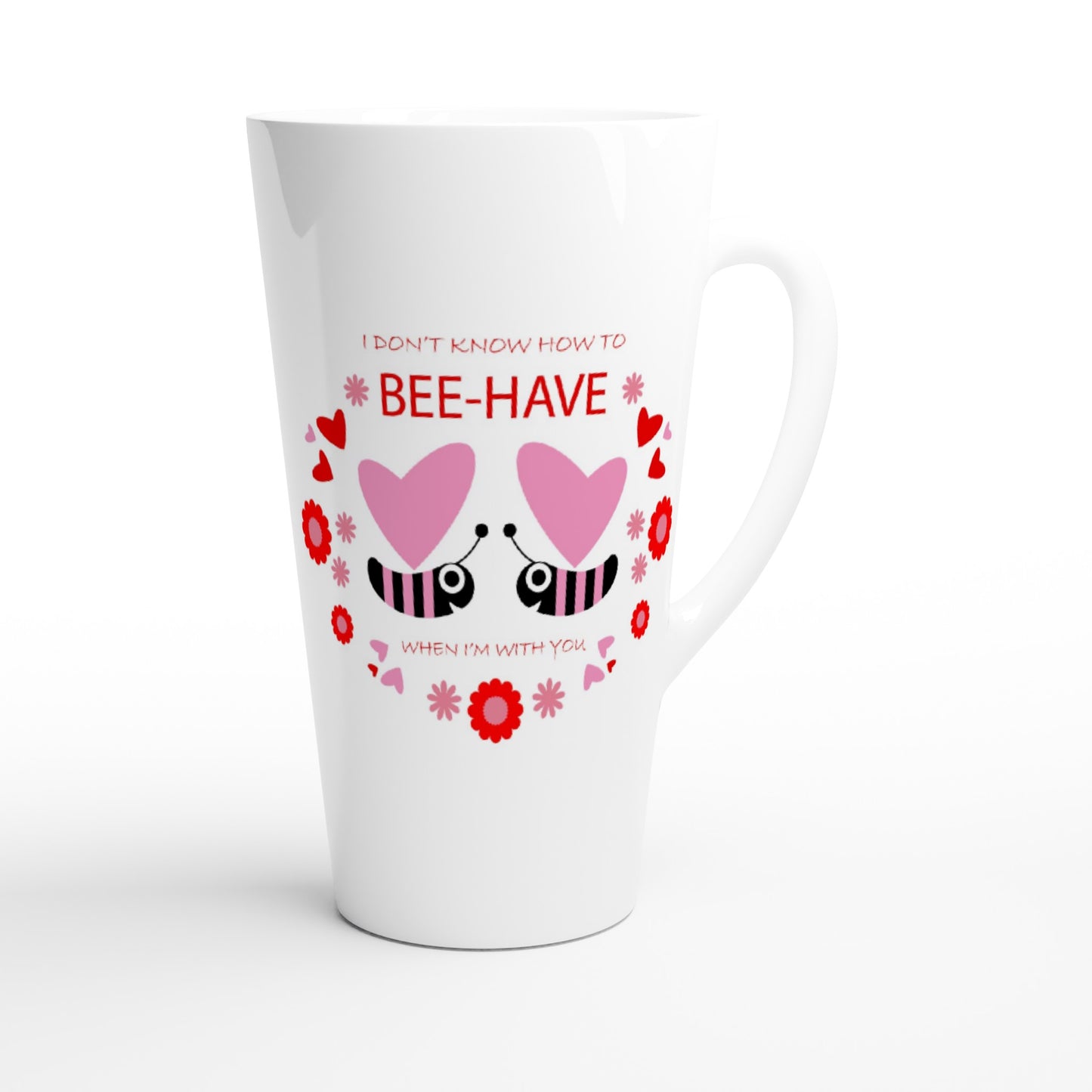 White Latte 17oz Ceramic Mug - Bees mirrored with Floral and Hearts - Valentine