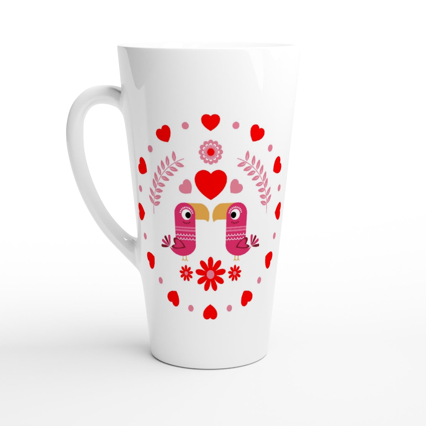 White Latte 17oz Ceramic Mug - Birds Mirrored with Floral-Botanical and Circling Hearts - Valentine