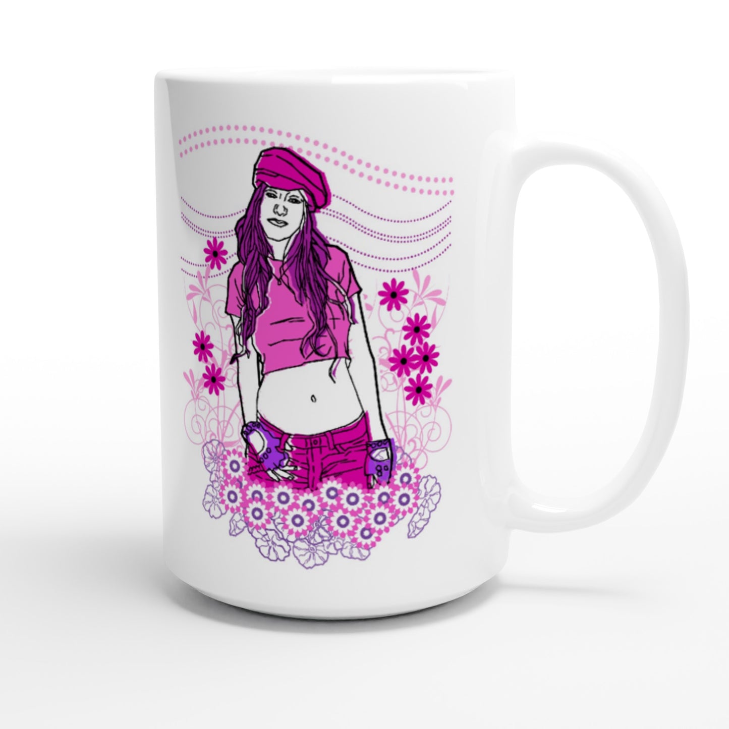 White 15oz Ceramic Mug - Girl In Pink-Nature And Floral